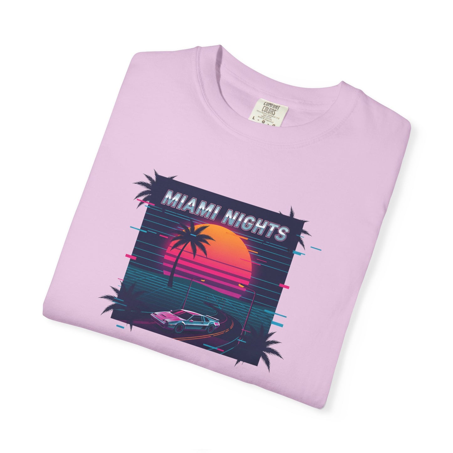 Miami Nights Sunset Palm T-shirt | Retro Vaporwave Beach Scene