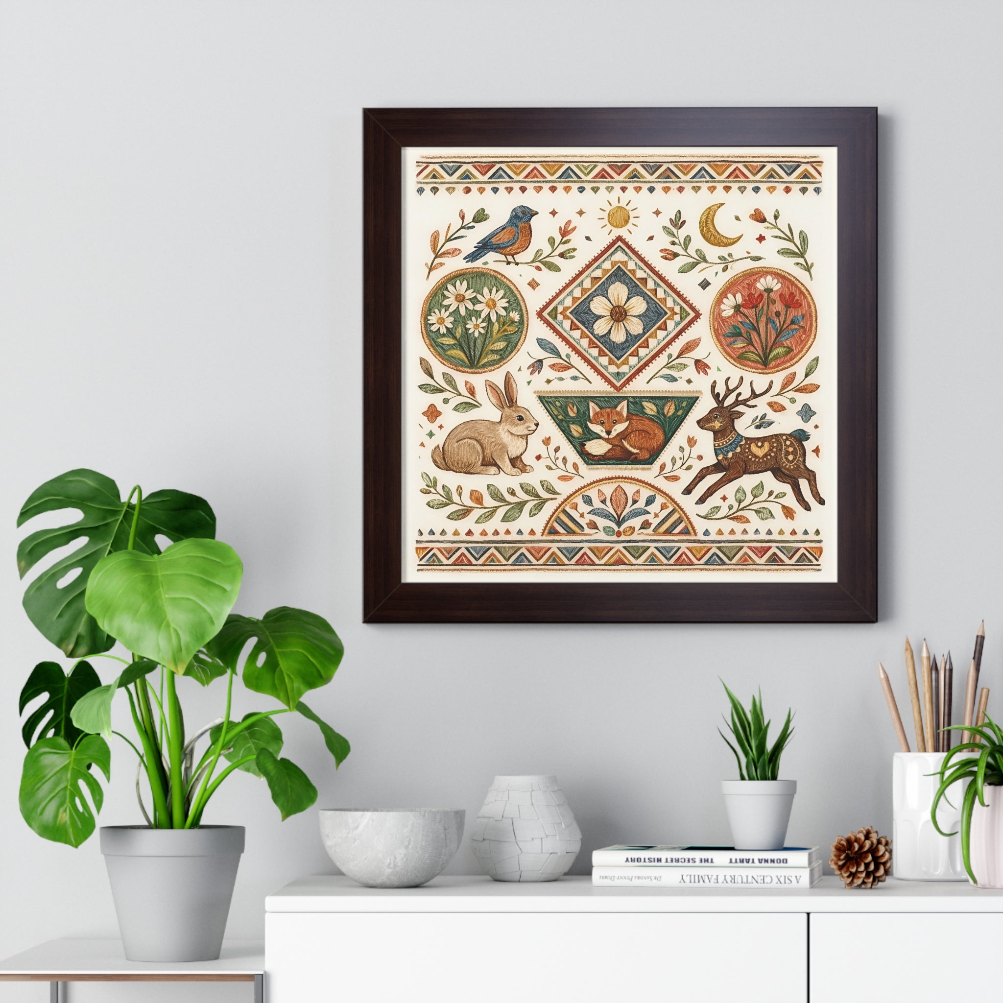 Folk Floral Deer Rabbit Bird Framed Horizontal Poster | Botanical Animal Artwork