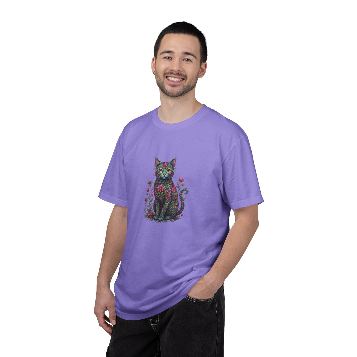 Floral Cat Illustration T-Shirt | Botanical Kitty Tee