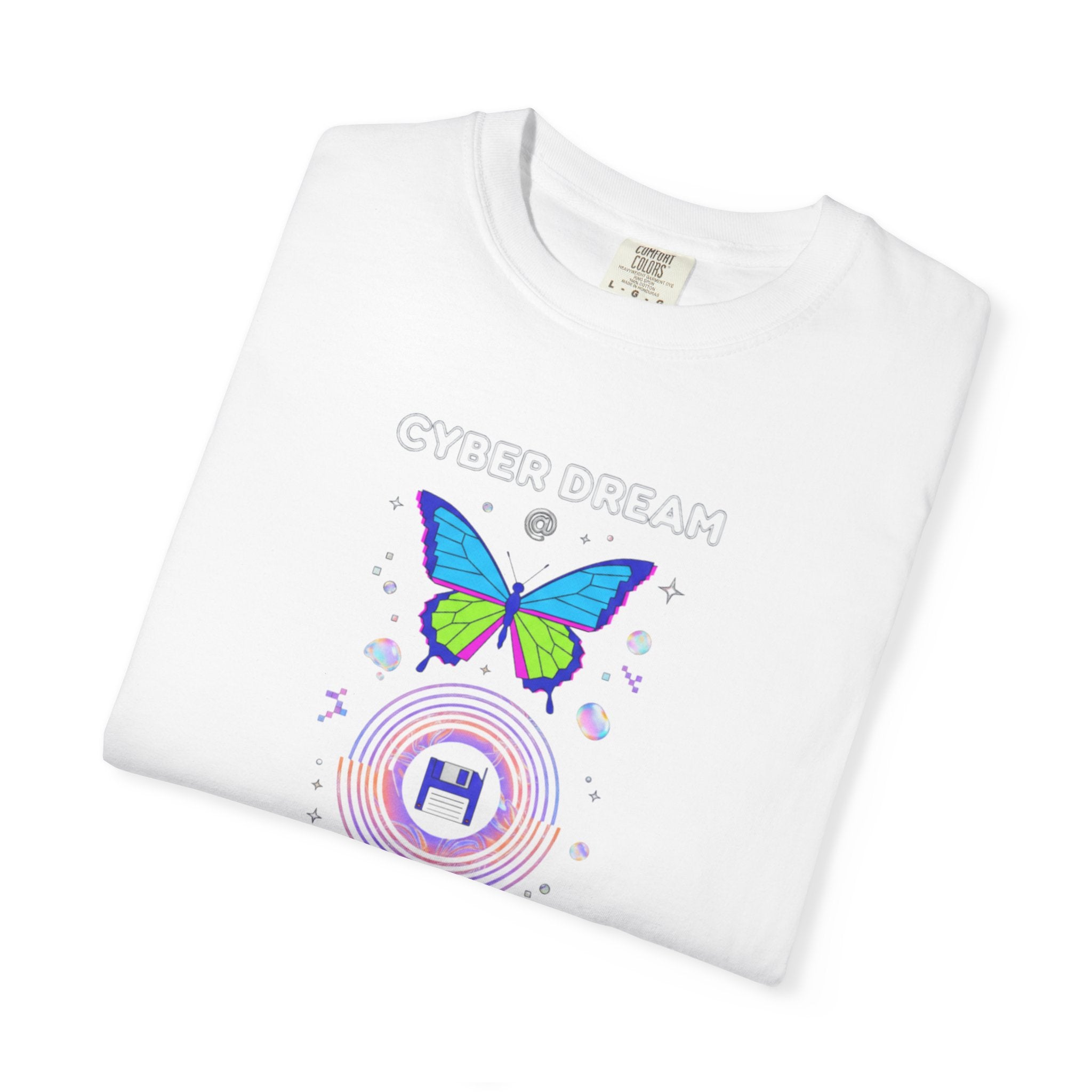 Cyber Dream Butterfly T-shirt | Retro Neon Circle Graphic