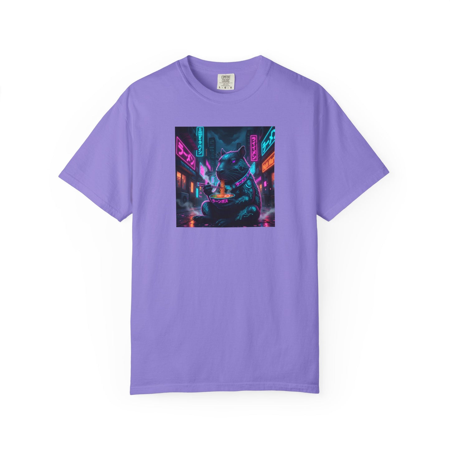 Neon Cyberpunk Capybara Cityscape T-Shirt | Futuristic Night Street Art