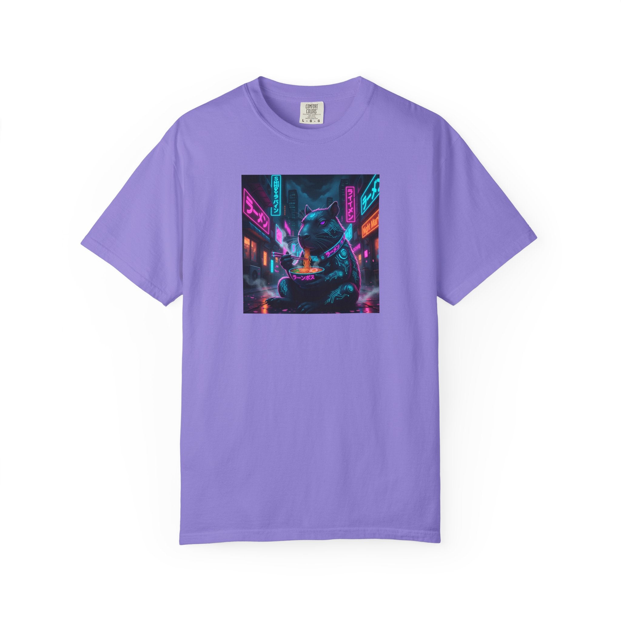 Neon Cyberpunk Capybara Cityscape T-Shirt | Futuristic Night Street Art