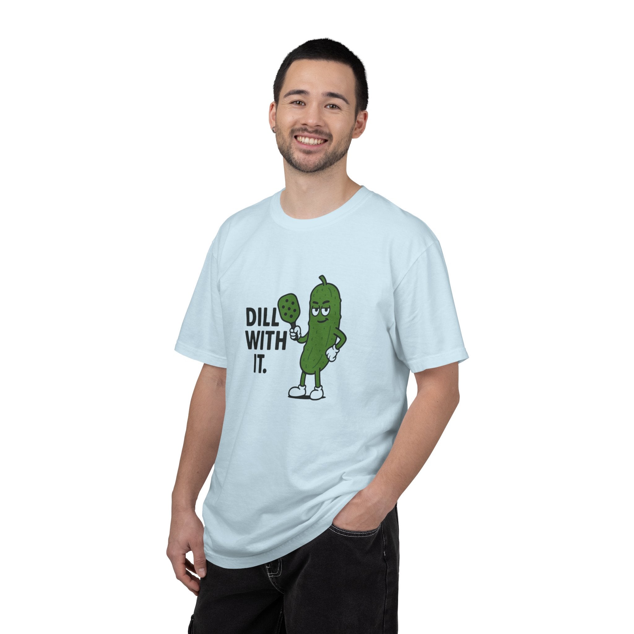 Dill With It Pickle Character T-shirt | Funny Vegan Food Pun Tee