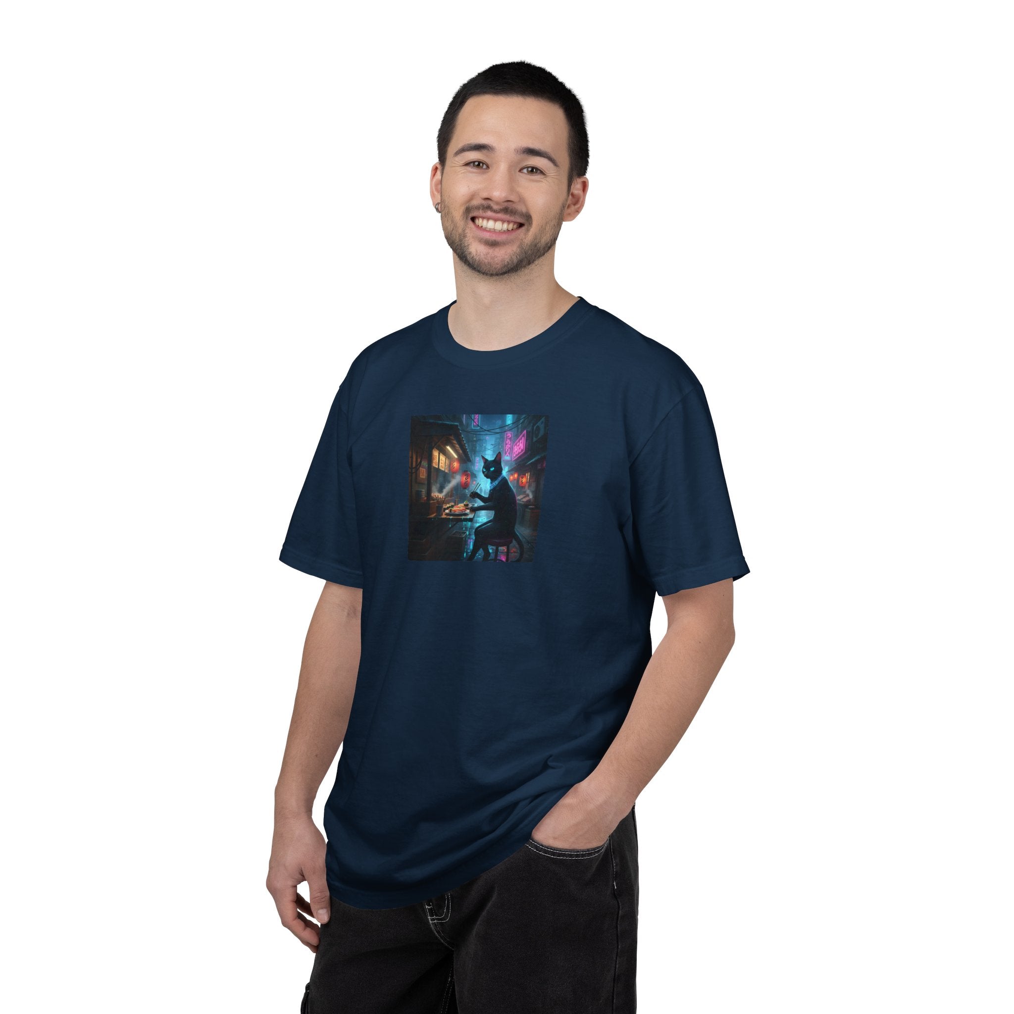 Cyberpunk Cat Sushi T-shirt | Neon Japan Noir
