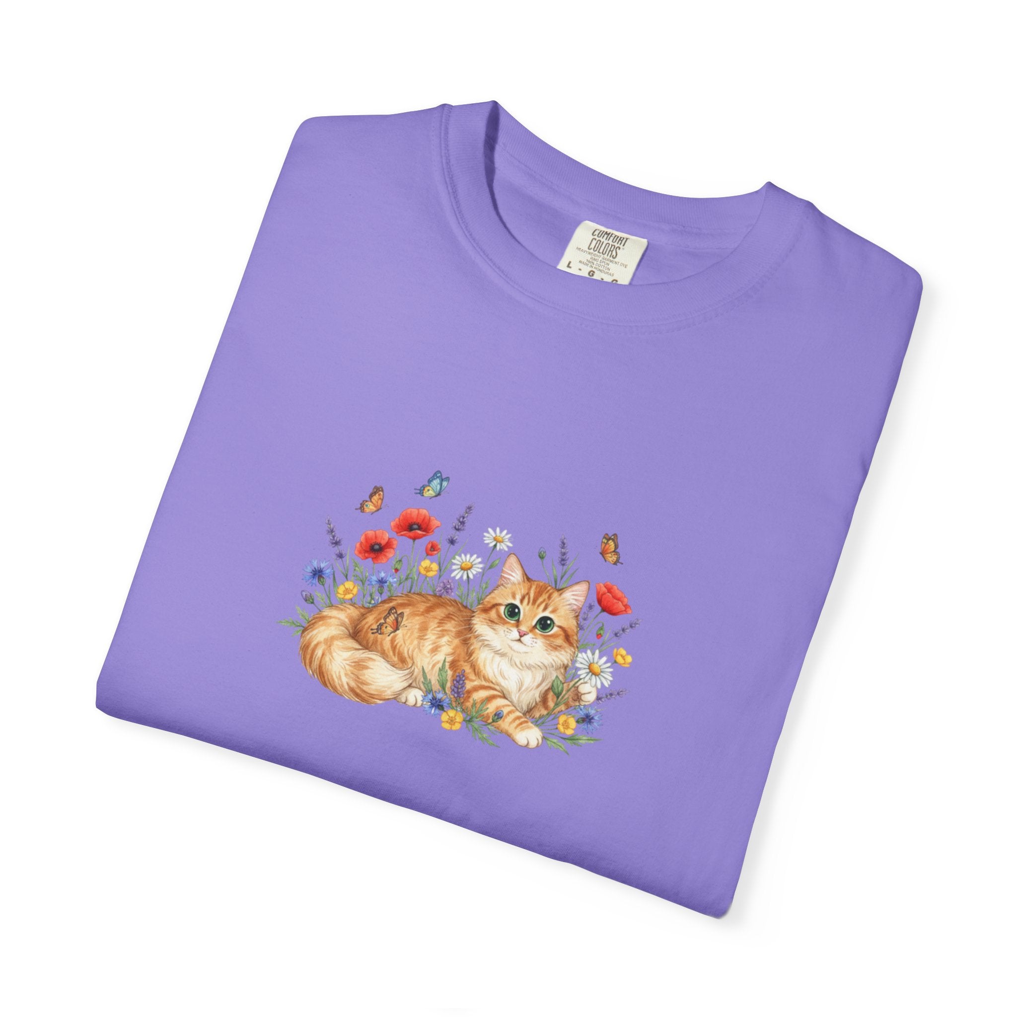 Orange Tabby Cat with Wildflowers T-Shirt | Floral Cat Tee