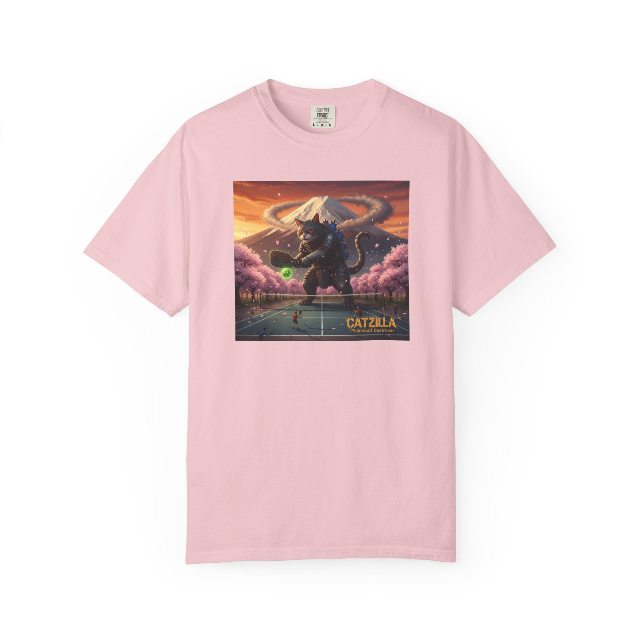 Catzilla Pickleball Destroyer T-shirt | Kaiju Cat Samurai, Mount Fuji Cherry Blossoms