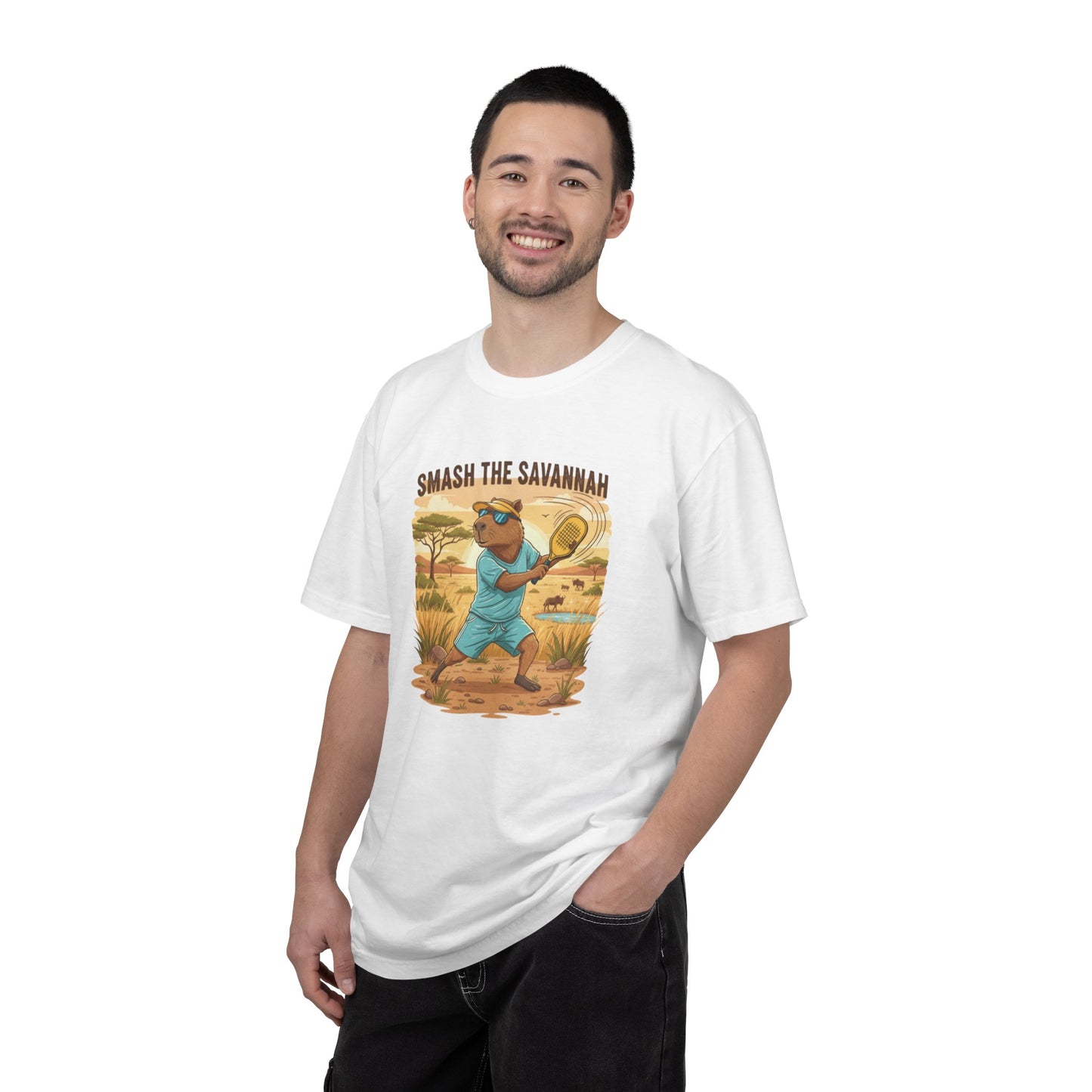 Smash the Savannah Capybara Pickleballer T-Shirt | Animal Sports Graphic Tee
