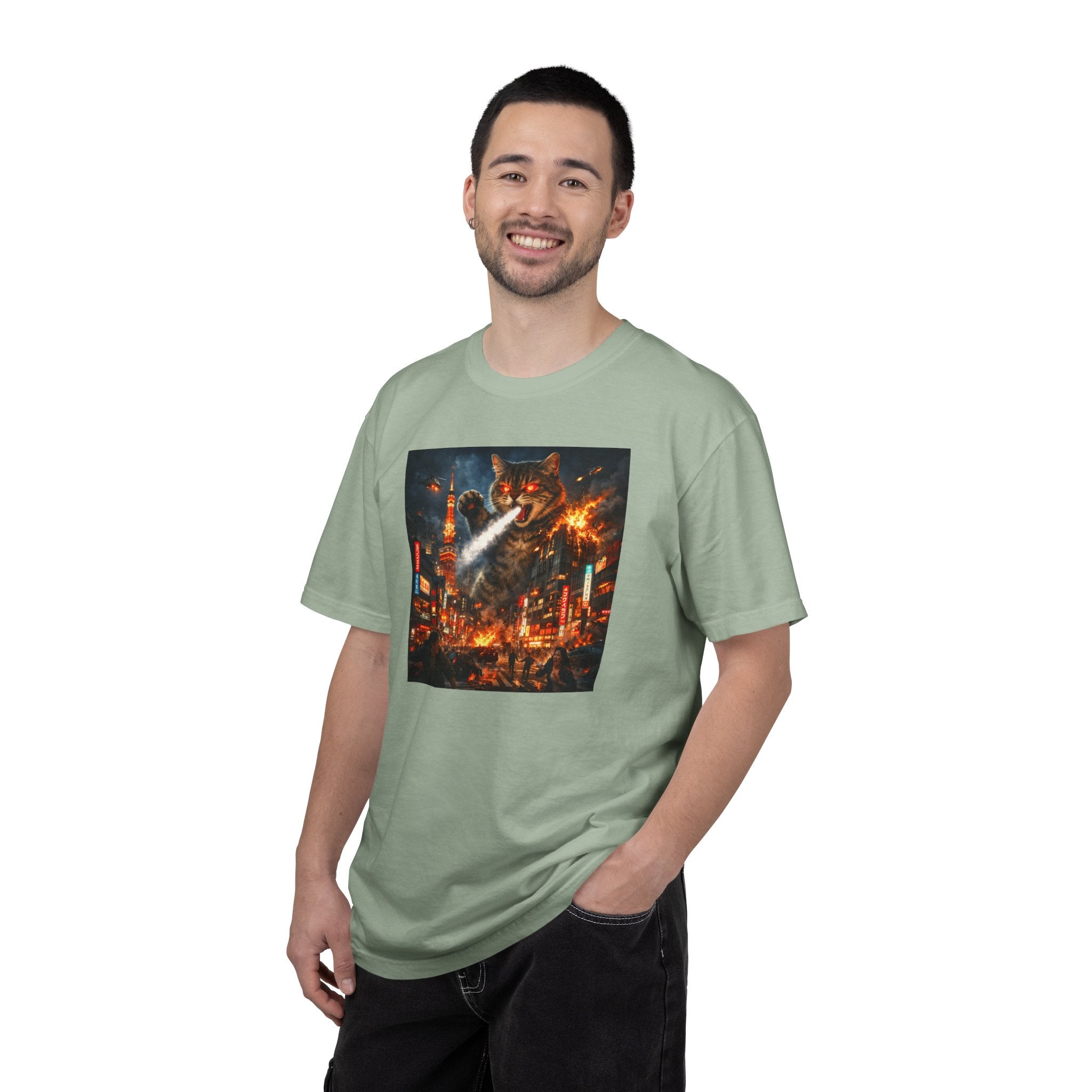 Giant Catzilla Kaiju Rampage T-Shirt | Neon City Monster Battle