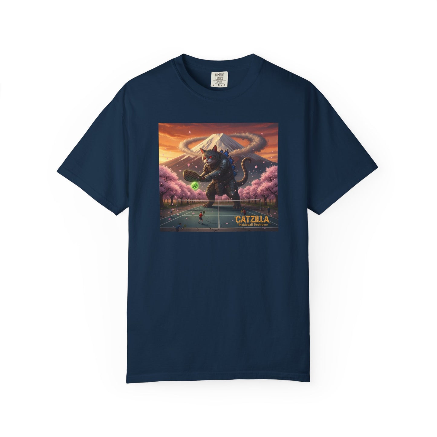 Catzilla Pickleball Destroyer T-shirt | Kaiju Cat Samurai, Mount Fuji Cherry Blossoms