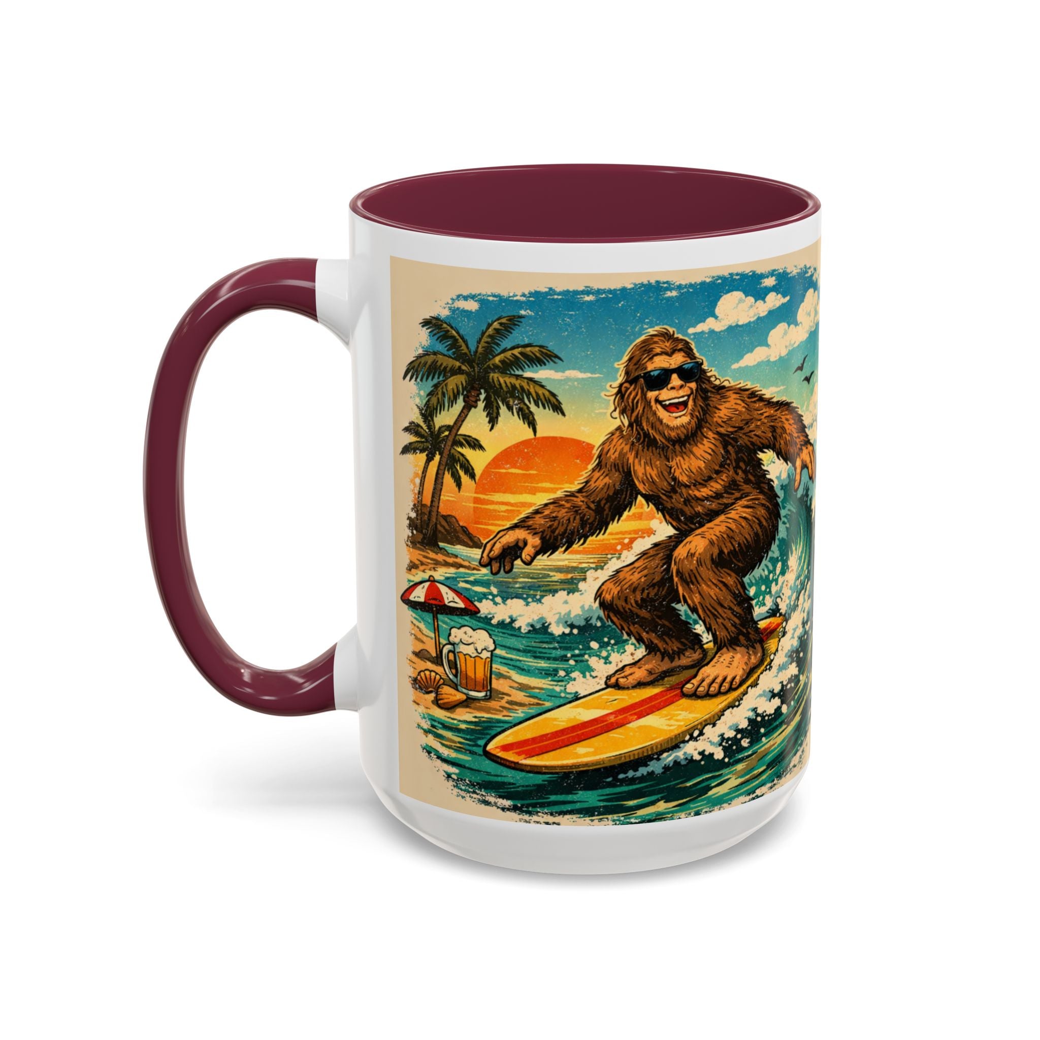 Surfing Bigfoot Mug | Retro Beach Sunset Bigfoot Wave Coffee Cup