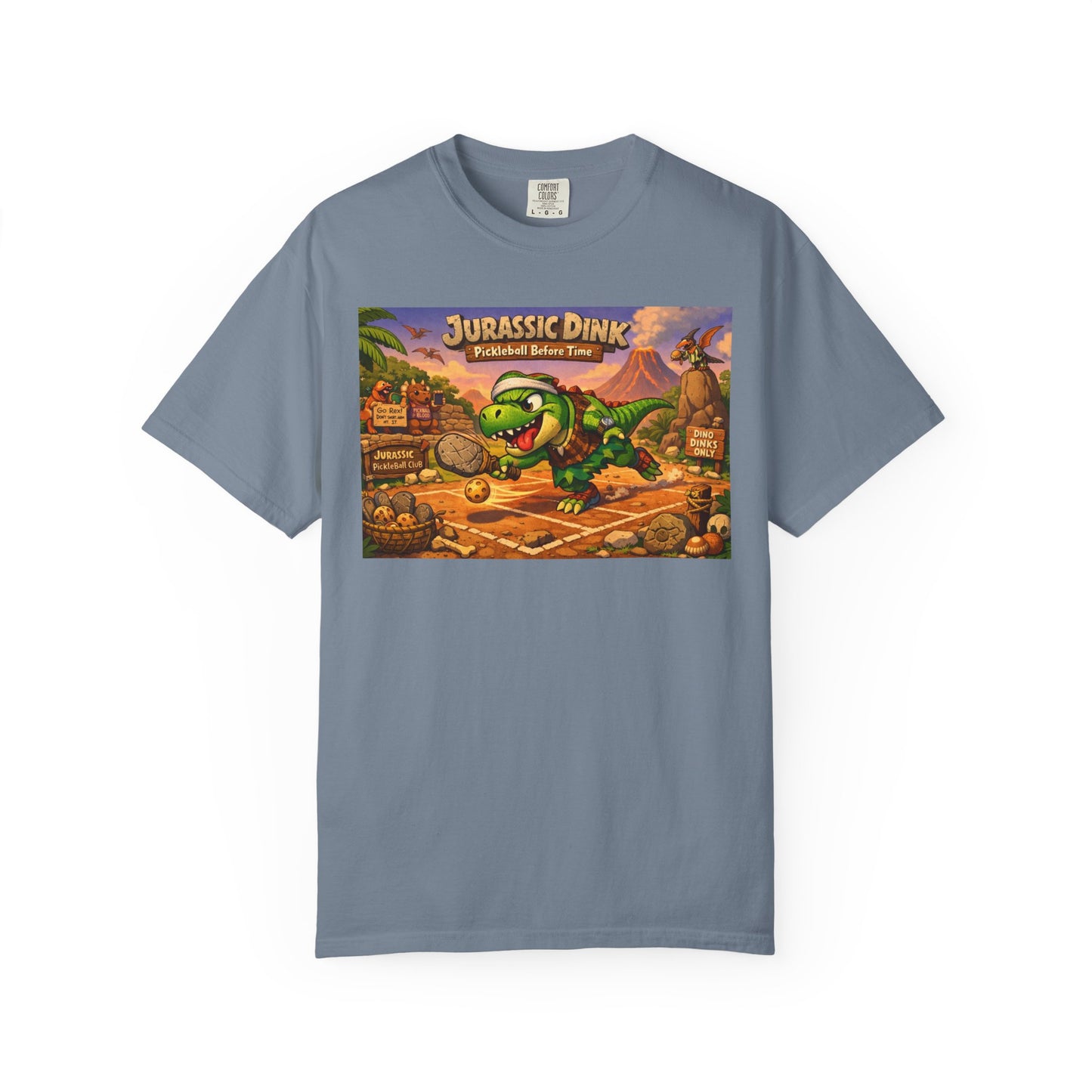 Jurassic Dink Pickleball Dinosaur Arcade Poster T-Shirt | Retro Video Game Shirt
