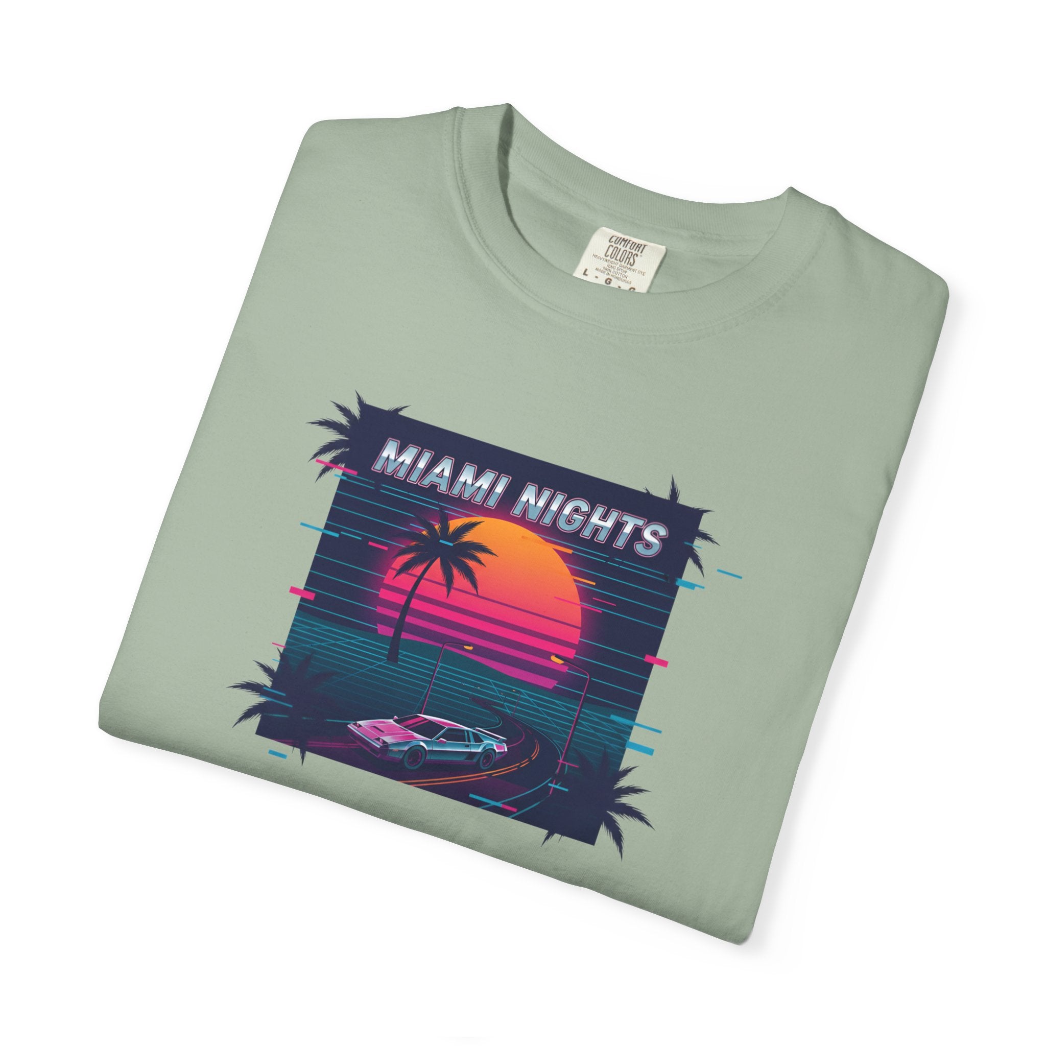 Miami Nights Sunset Palm T-shirt | Retro Vaporwave Beach Scene
