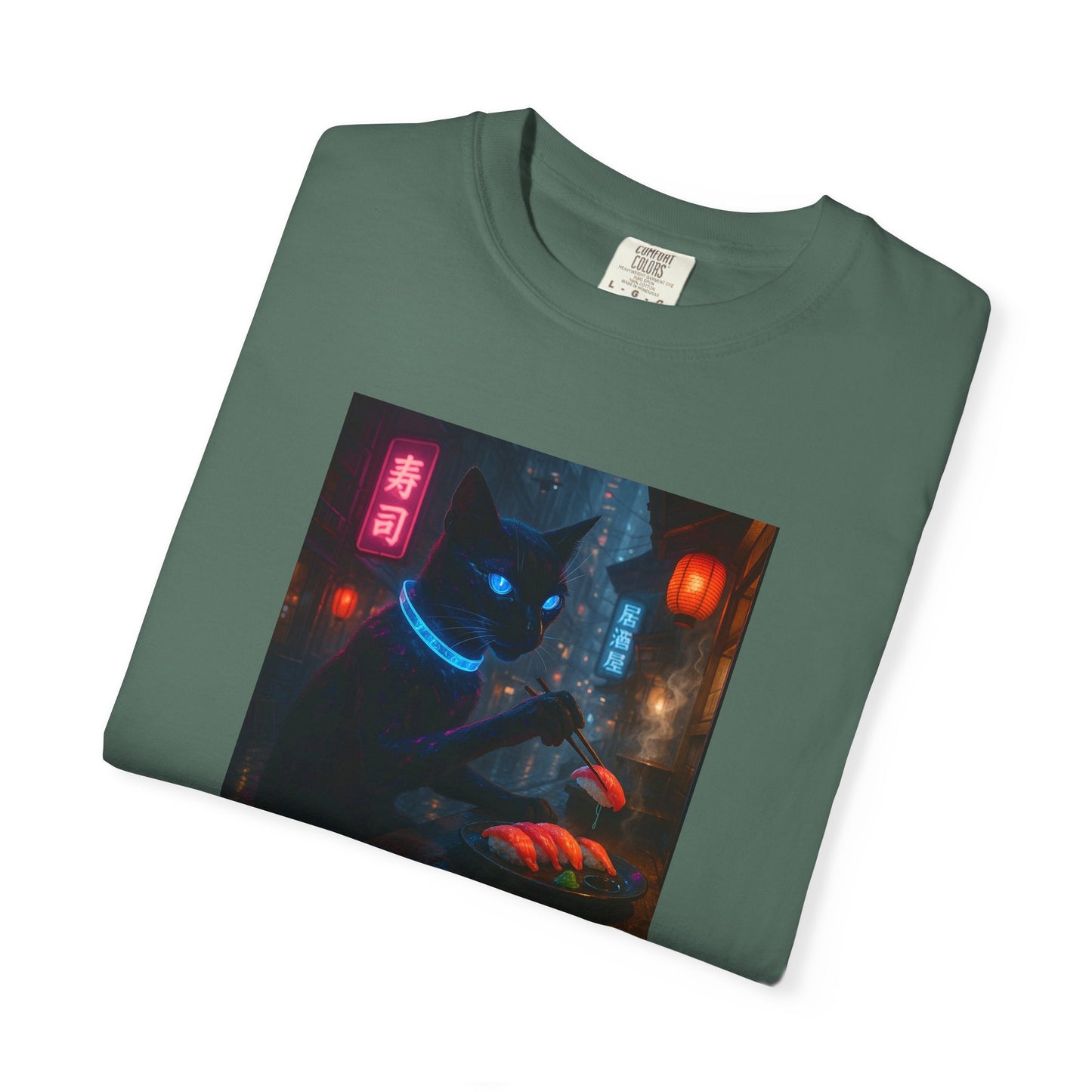 Neon Cyber Cat Sushi Shibuya T-shirt | Dark Alley Japanese Streetwear