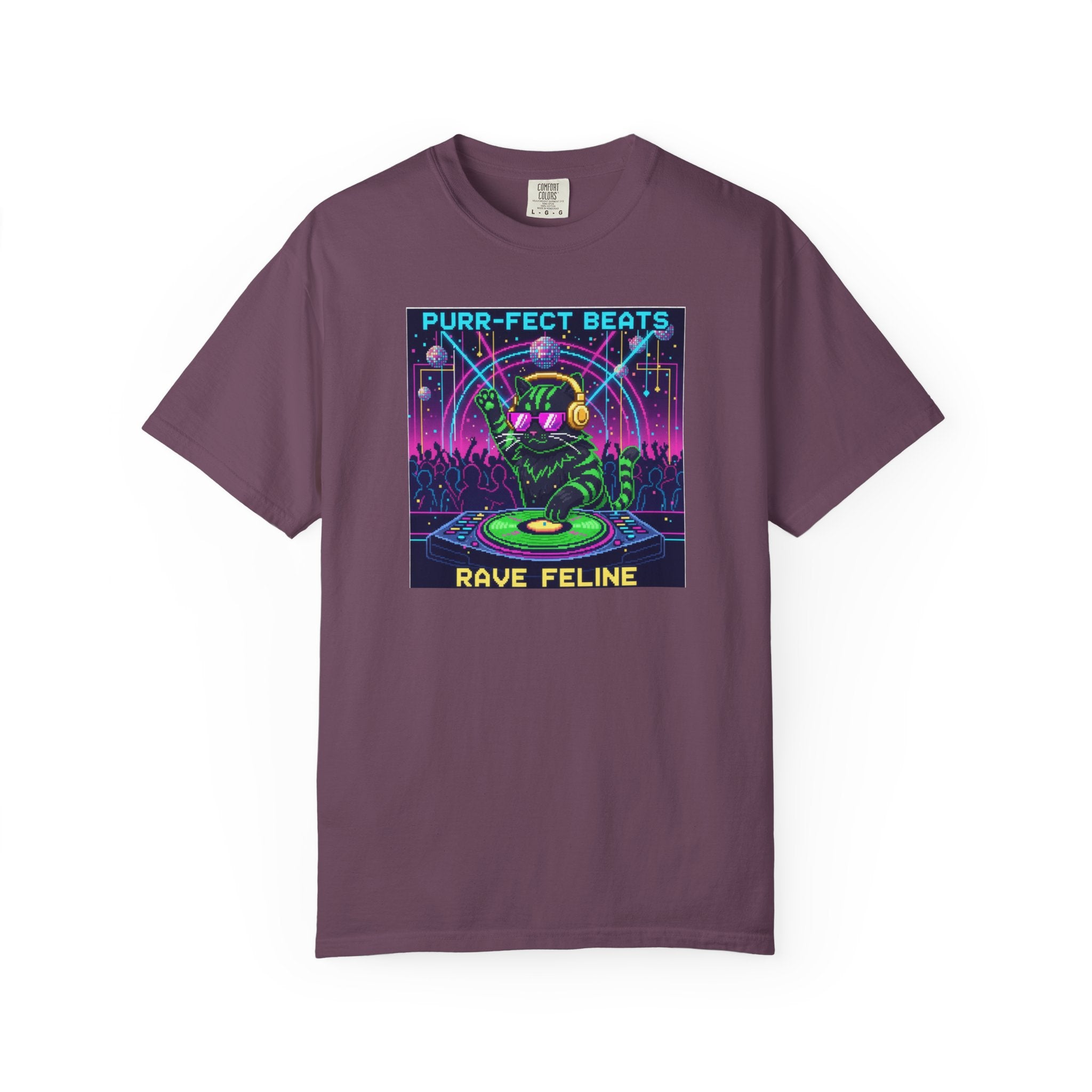 Purr-fect Beats Rave Feline DJ cat T-shirt | Neon EDM club design