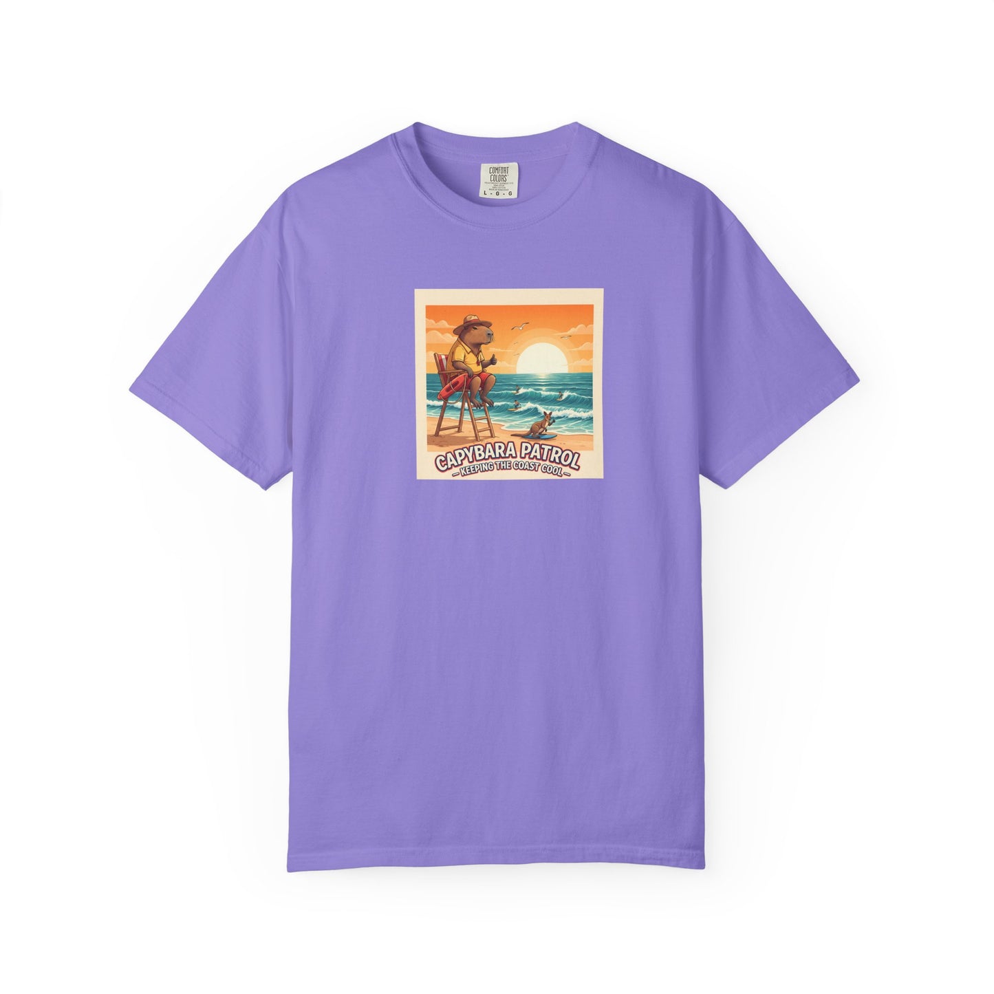 Capybara Patrol Sunset Surfing Capybara T-Shirt | Retro Beach Vibes