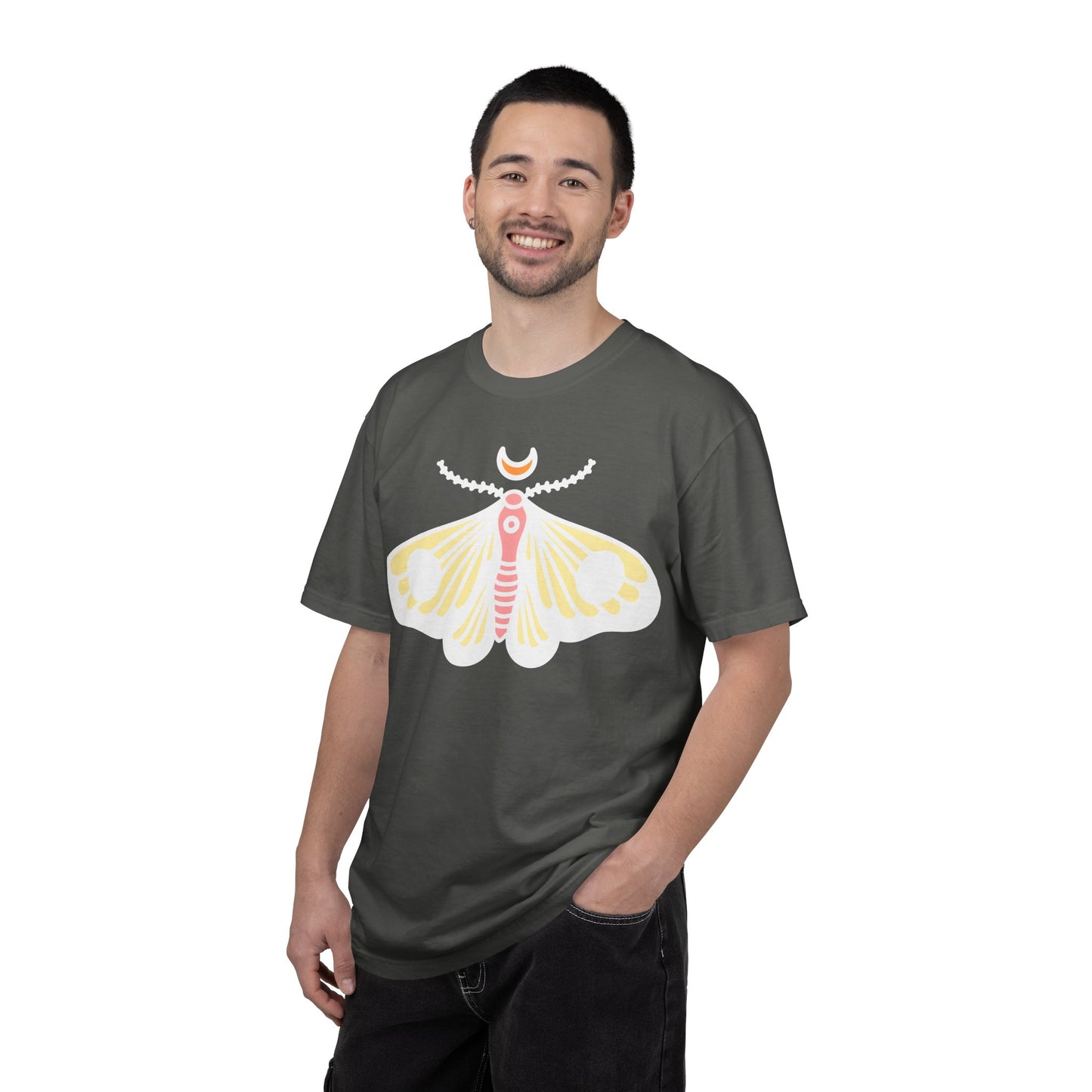 Celestial Moth T-shirt | Pink Yellow Moth with Crescent Moon