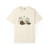 Camping Mountain Outdoors Graphic T-shirt | Hiking Boots Trees Flowers