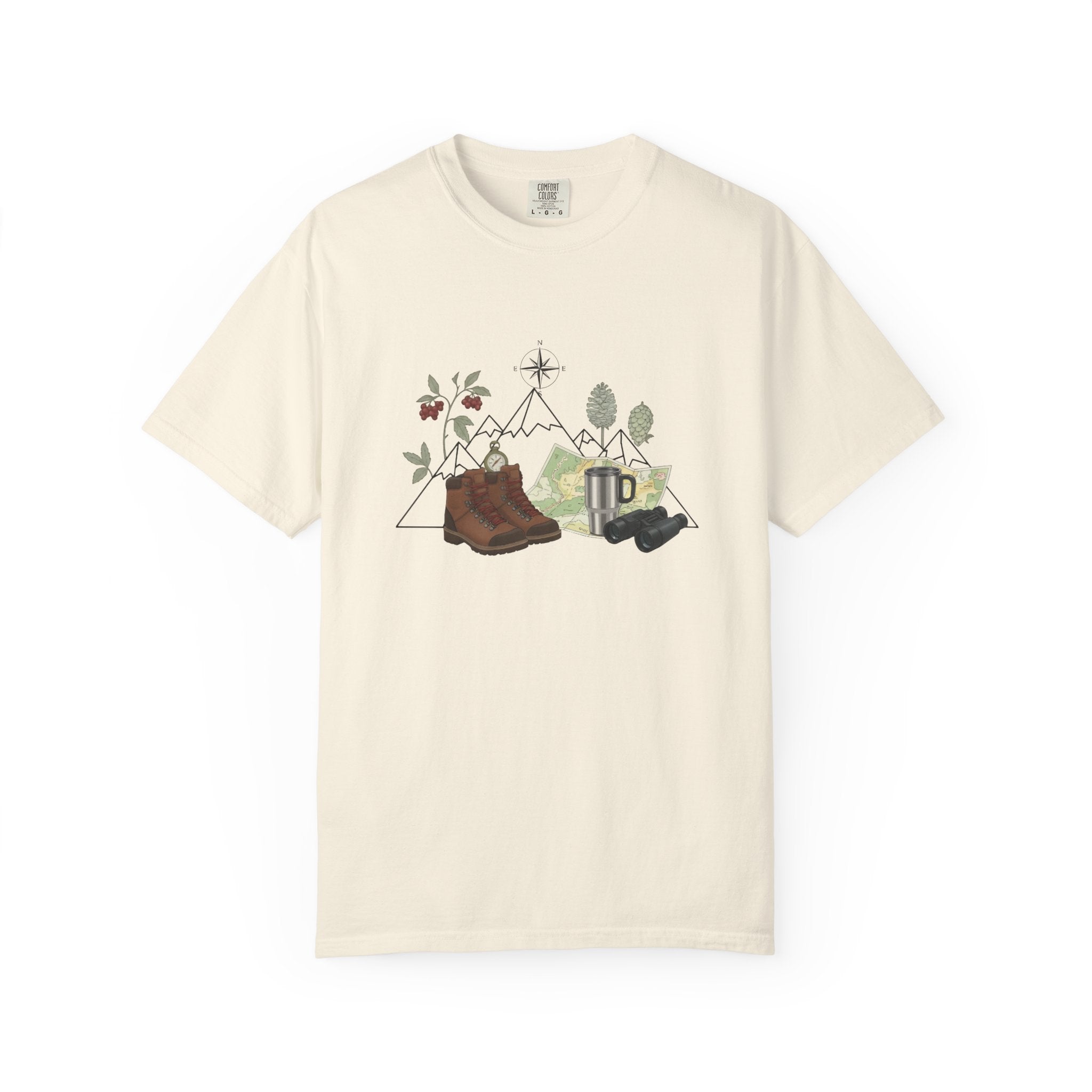 Camping Mountain Outdoors Graphic T-shirt | Hiking Boots Trees Flowers