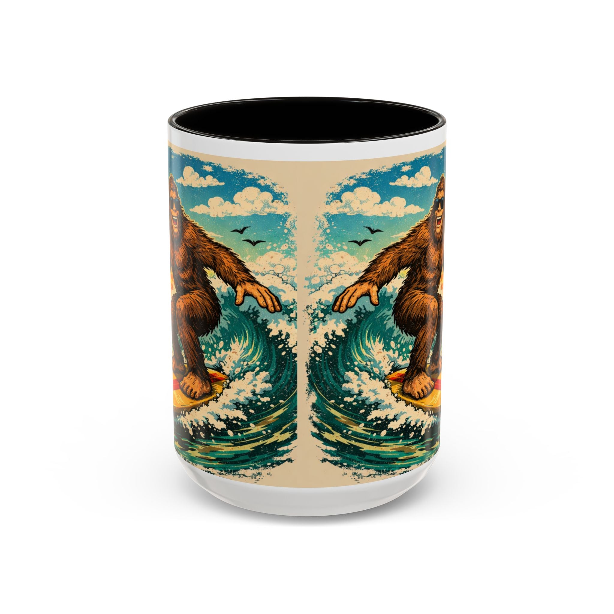Surfing Bigfoot Mug | Retro Beach Sunset Bigfoot Wave Coffee Cup