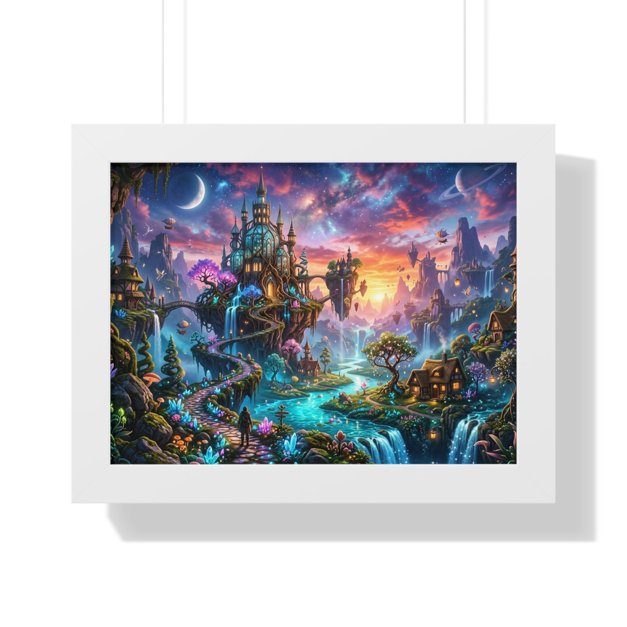 Ethereal Celestial Castle Fantasy Art Print | Dreamy Whimsical Landscape Poster | Vibrant Magical Realm Wall Decor