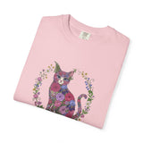Floral Cat Illustration T-shirt | Botanical Kitty Circle Print