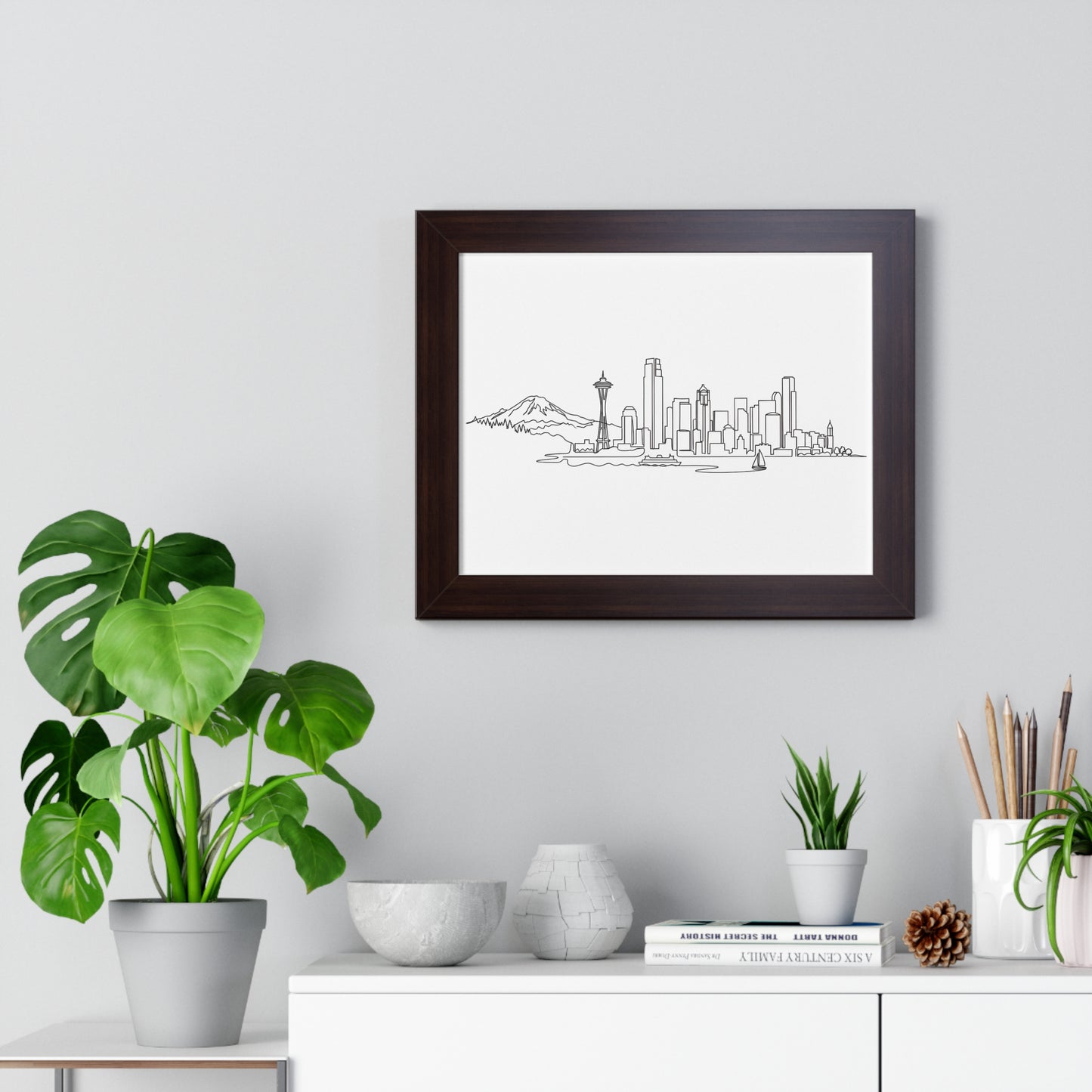Seattle Emerald City Hand-Drawn Skyline Poster Framed Horizontal