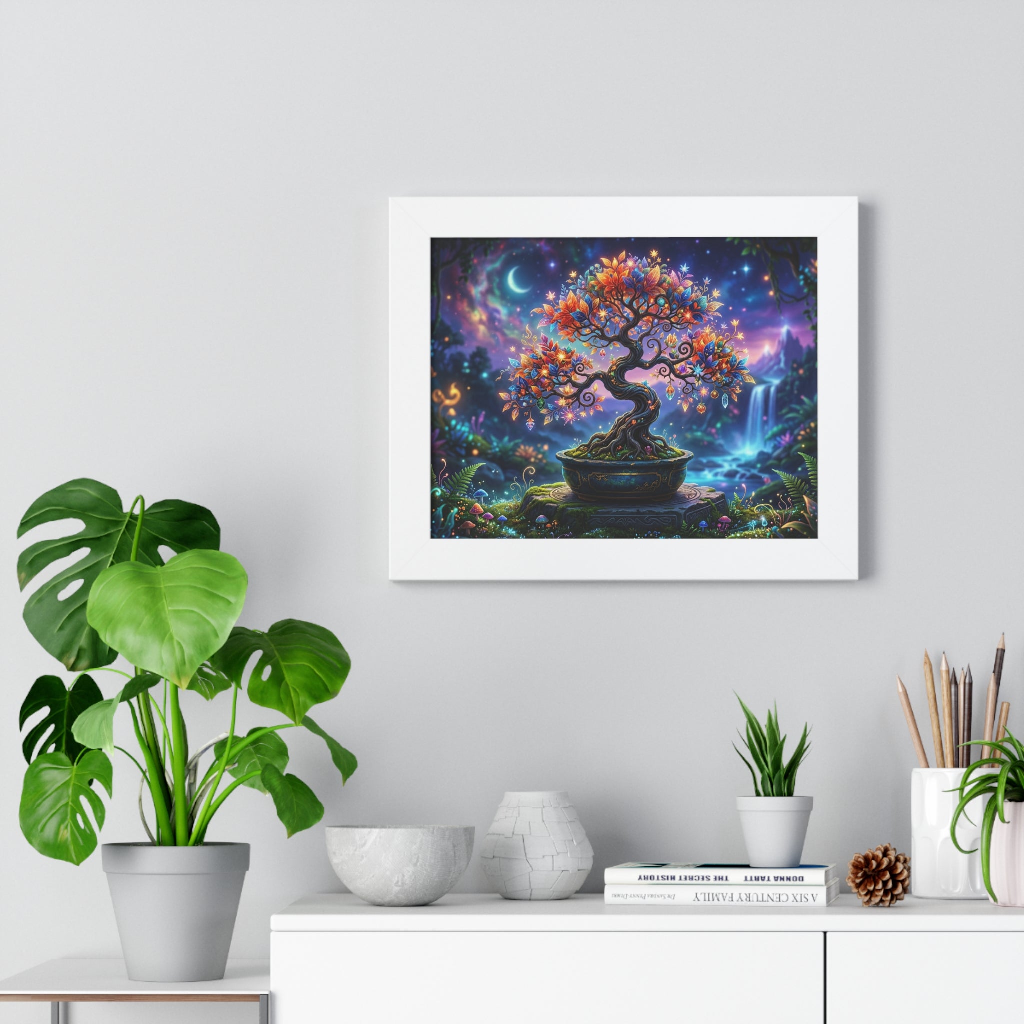 Celestial Magical Bonsai Tree Art Print, Fantasy Galaxy Tree of Life Wall Decor, Glowing Zen Garden Poster, Whimsical Mythical Landscape Art