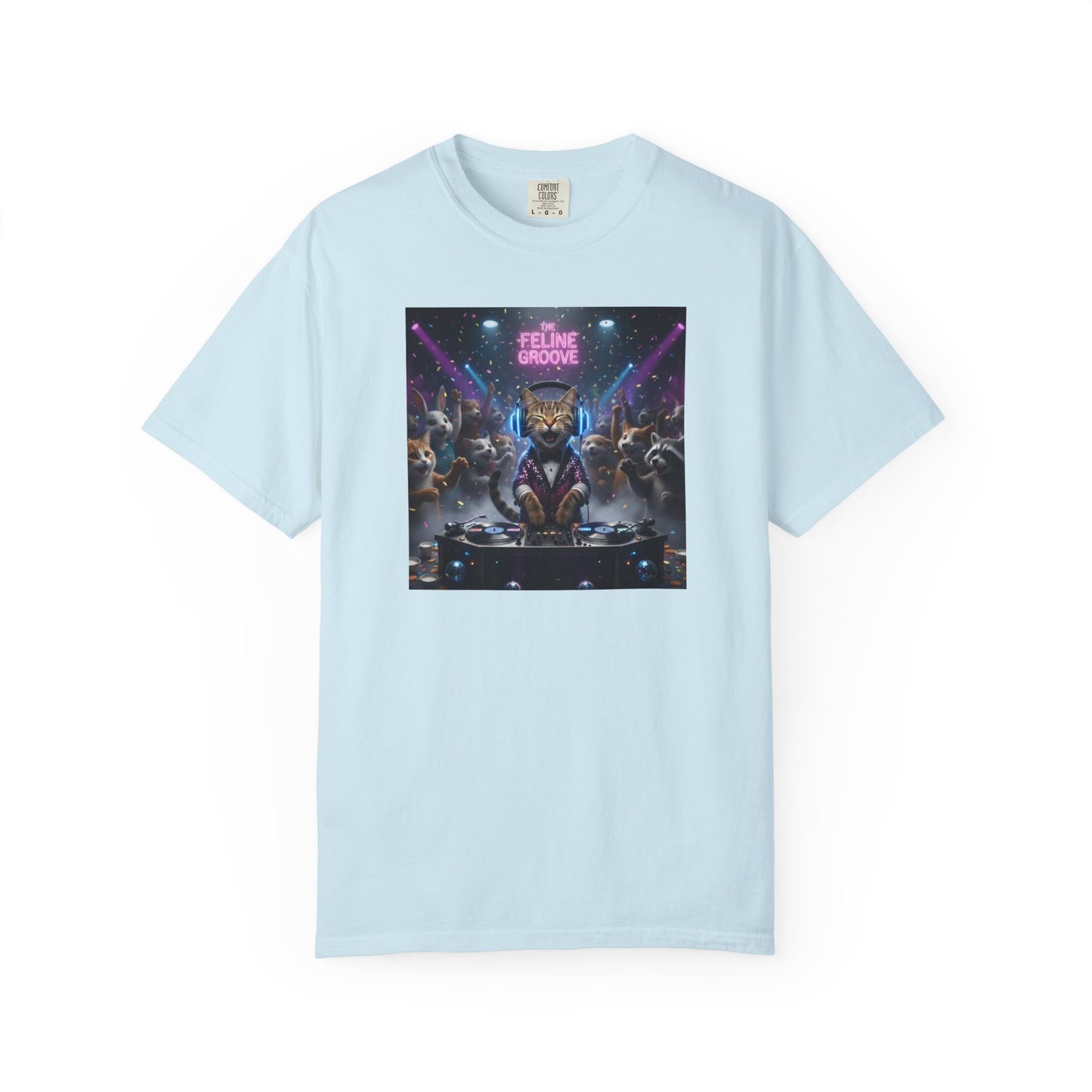 Feline Groove DJ Cat Illustration T-Shirt | Retro Neon Club Scene