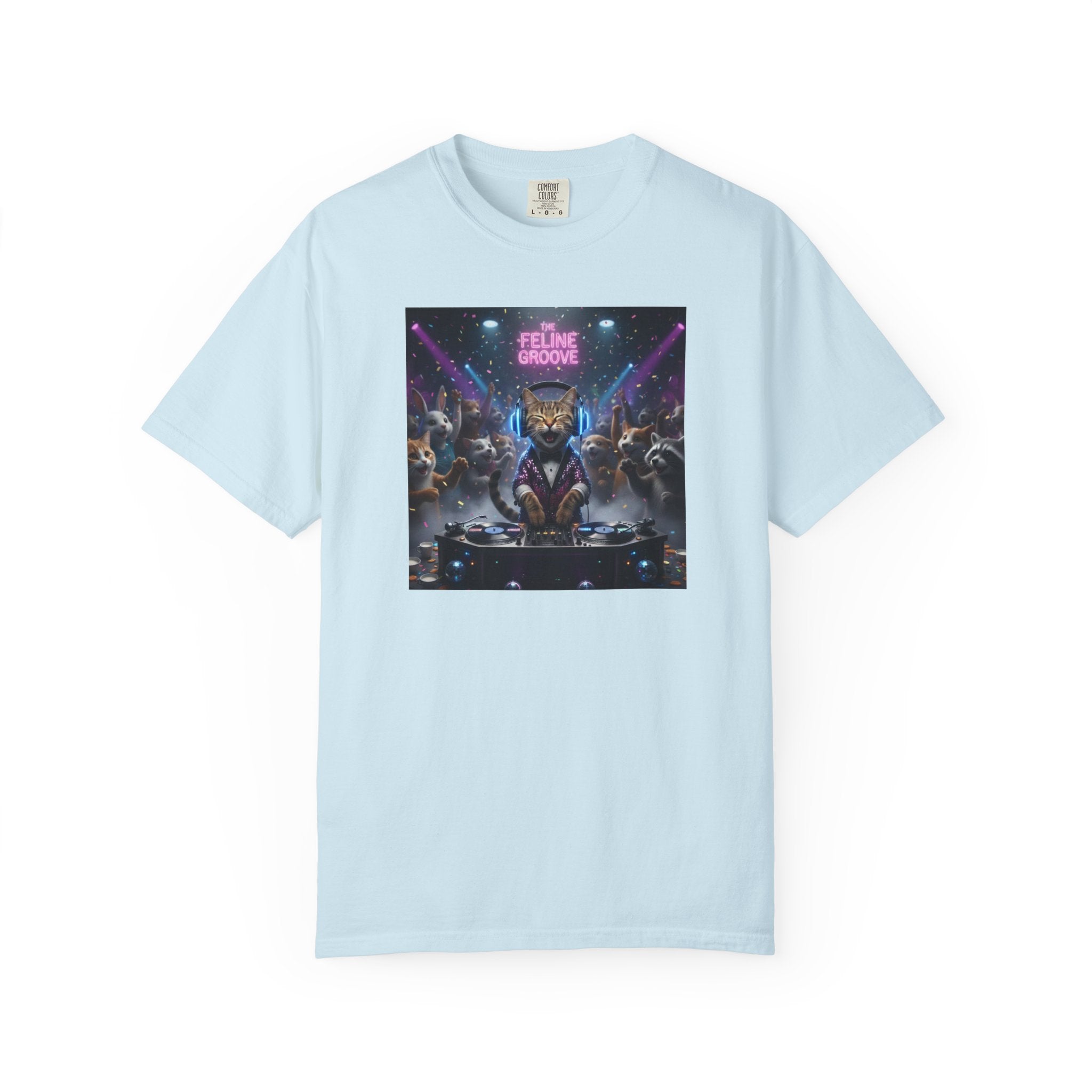 Feline Groove DJ Cat Illustration T-Shirt | Retro Neon Club Scene