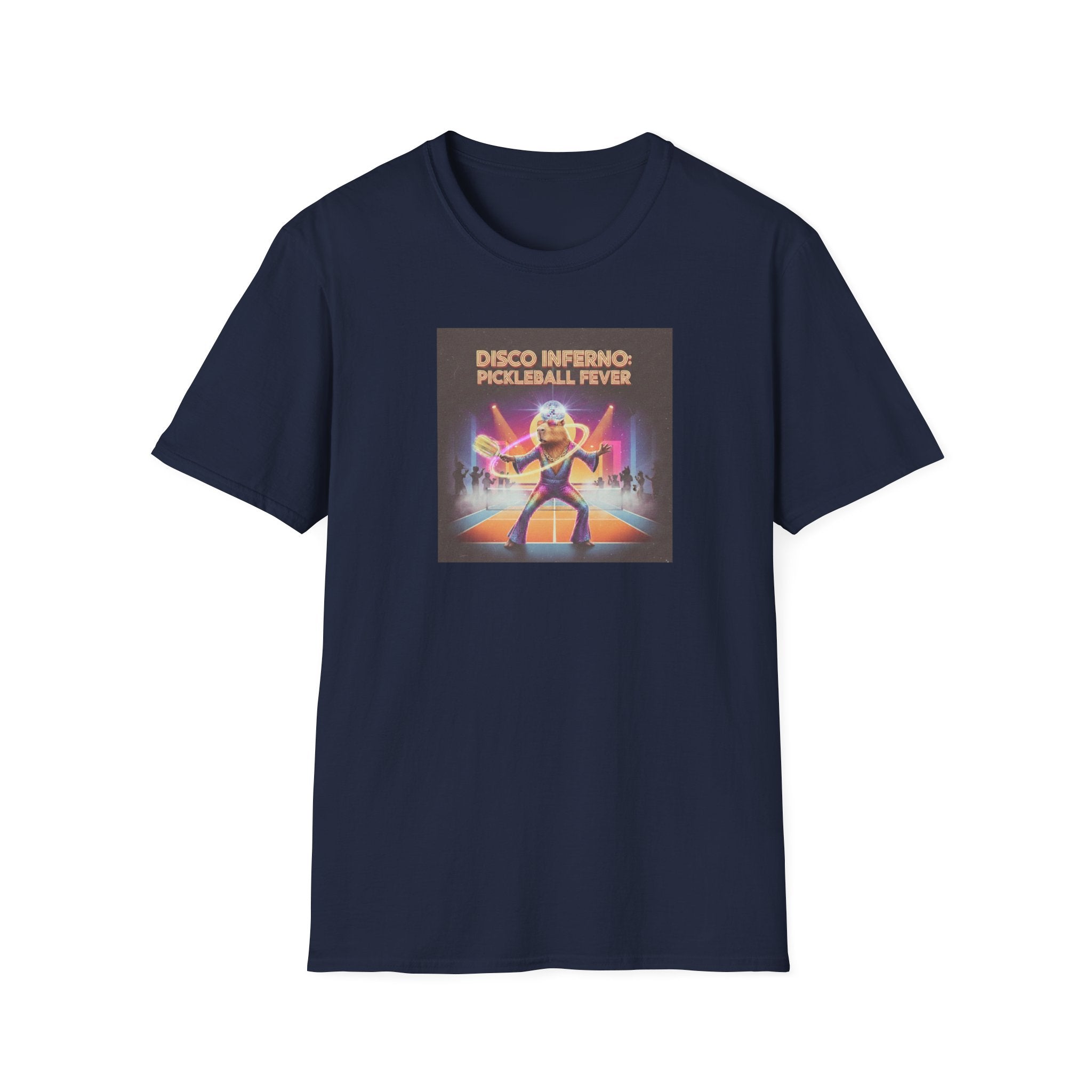 Disco Inferno Capybara Pickleball Fever T-Shirt | Retro 70s Dance Court Graphic