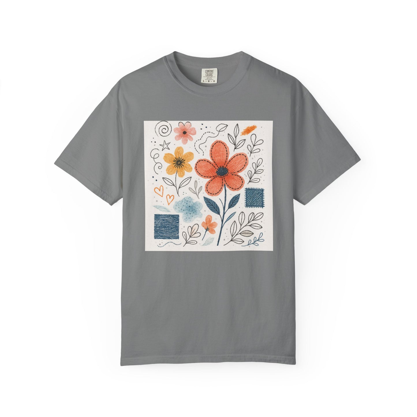 Hand-drawn Watercolor Floral Doodles T-shirt | Linocut & Embroidery Texture