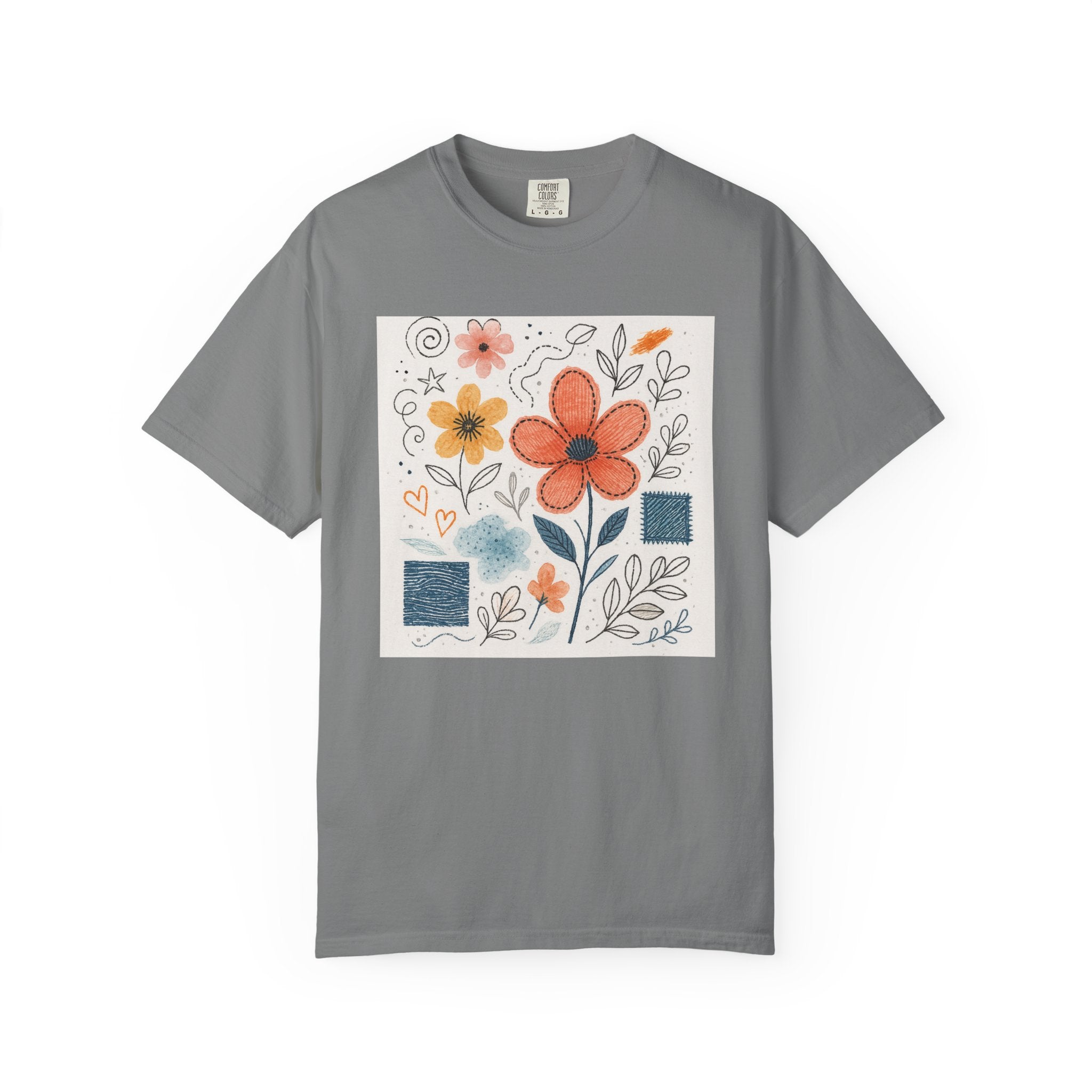 Hand-drawn Watercolor Floral Doodles T-shirt | Linocut & Embroidery Texture