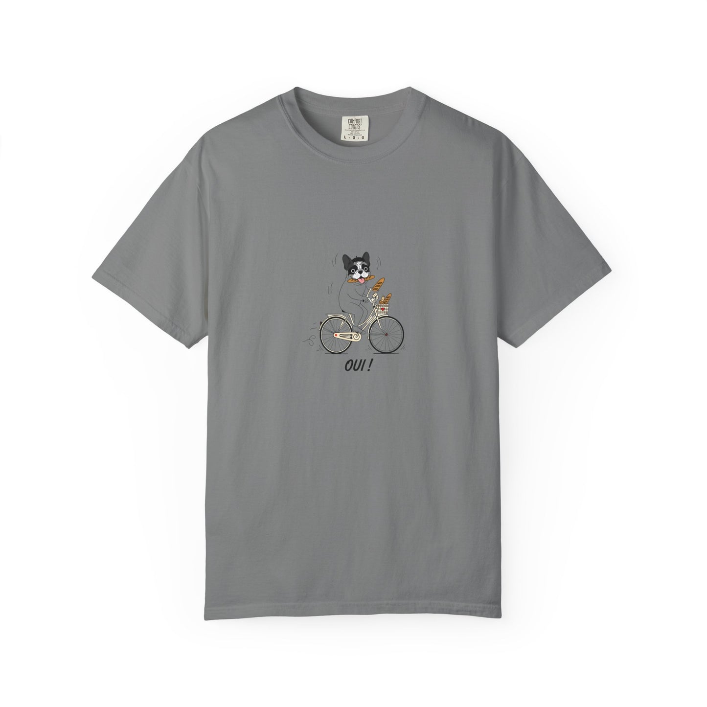 French Bulldog on Bicycle T-shirt | Cute Dog Illustration, 'Oui!' Text