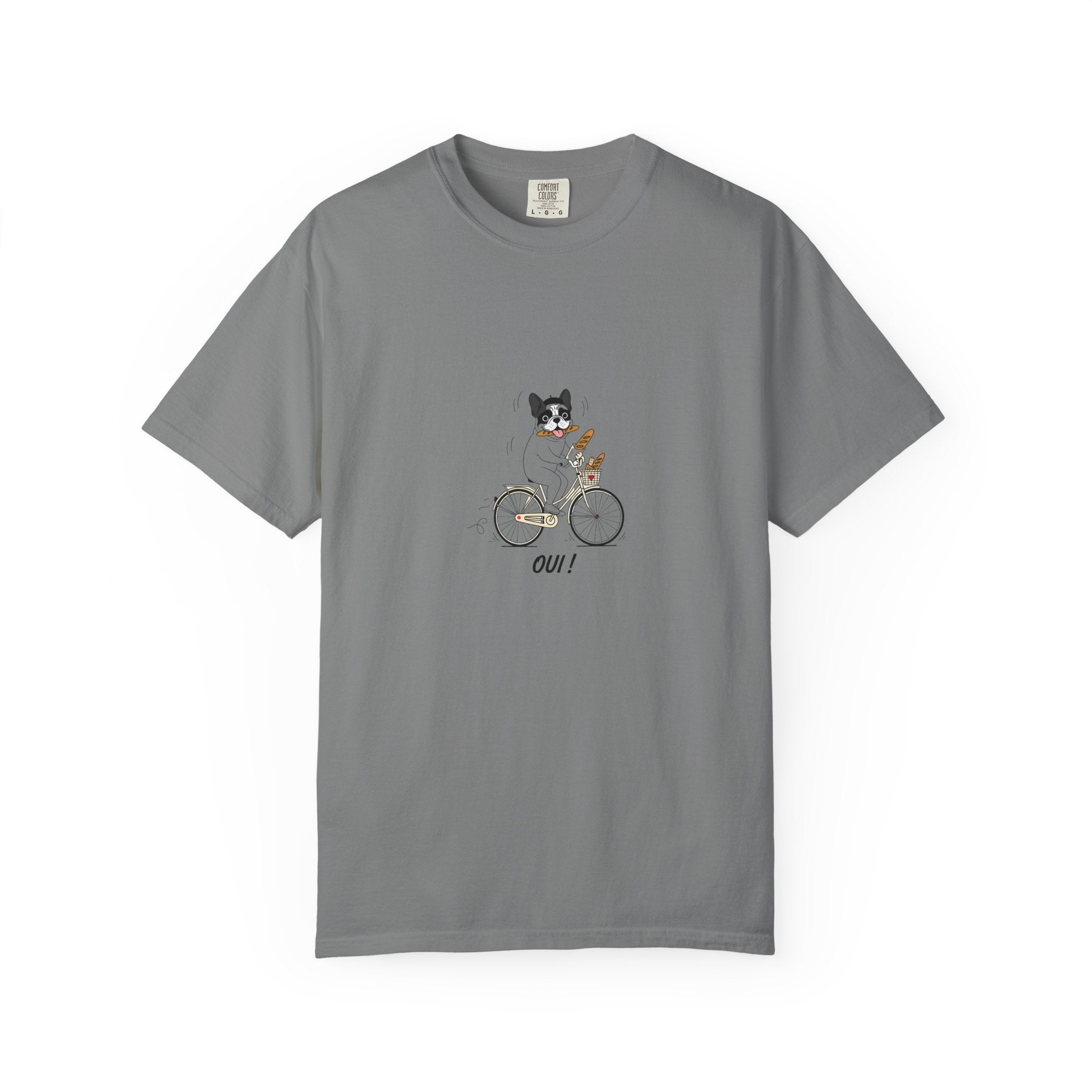 French Bulldog on Bicycle T-shirt | Cute Dog Illustration, 'Oui!' Text