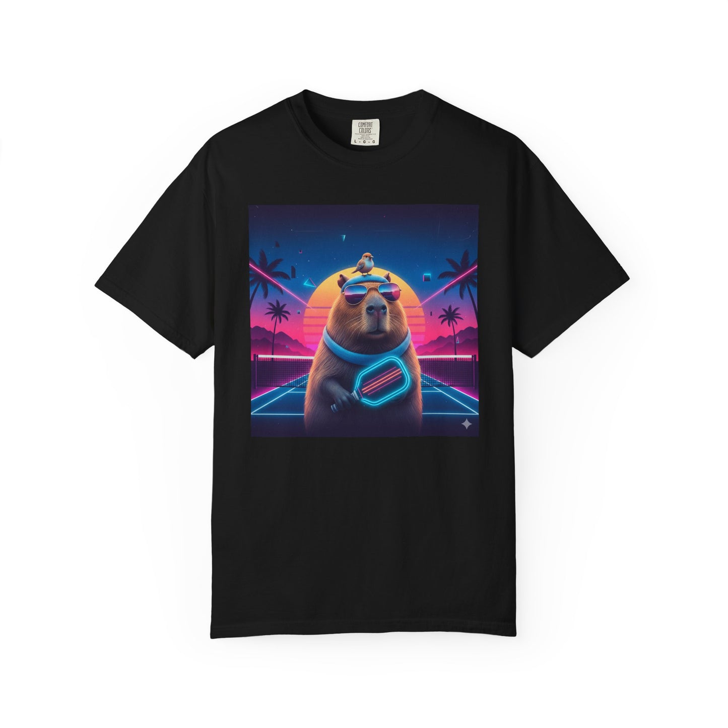 Retro Vaporwave Capybara with Sunglasses T-shirt | Neon Sunset Palm Trees