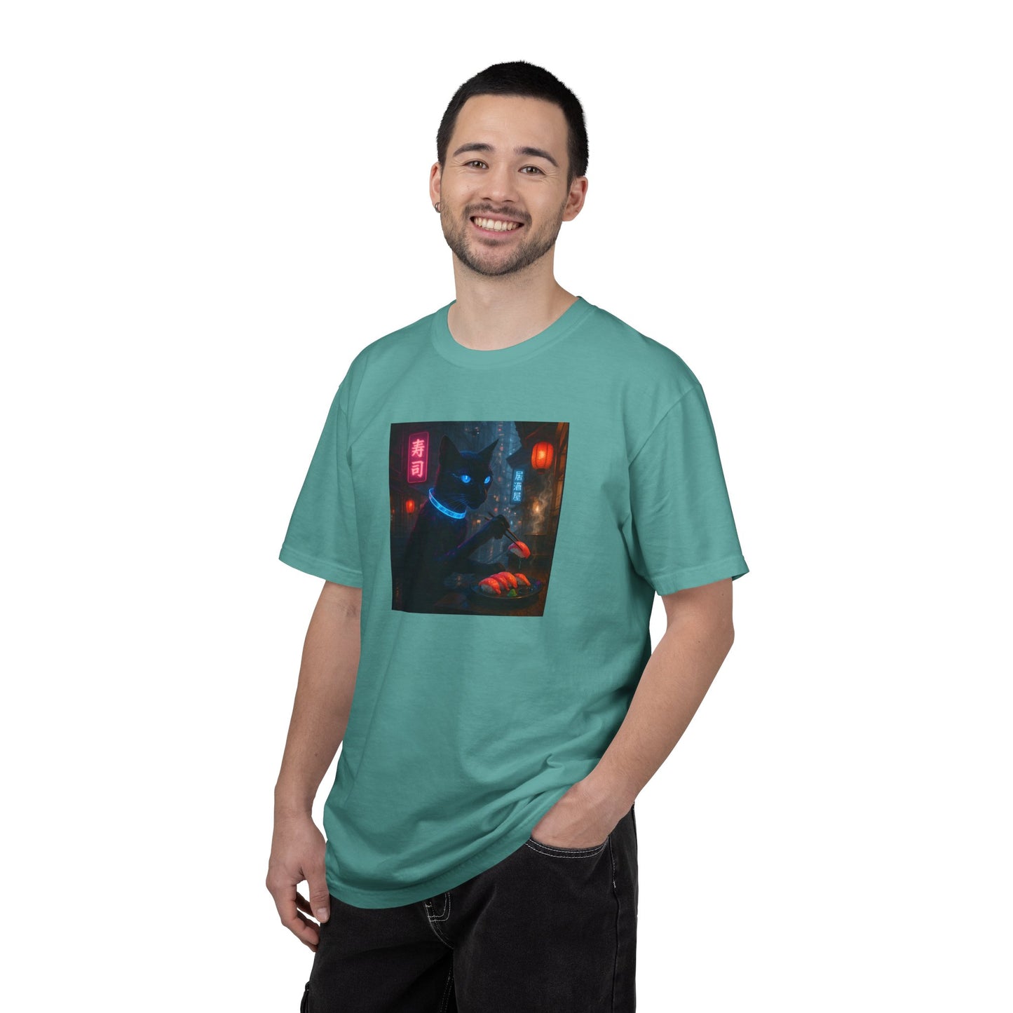 Neon Cyber Cat Sushi Shibuya T-shirt | Dark Alley Japanese Streetwear
