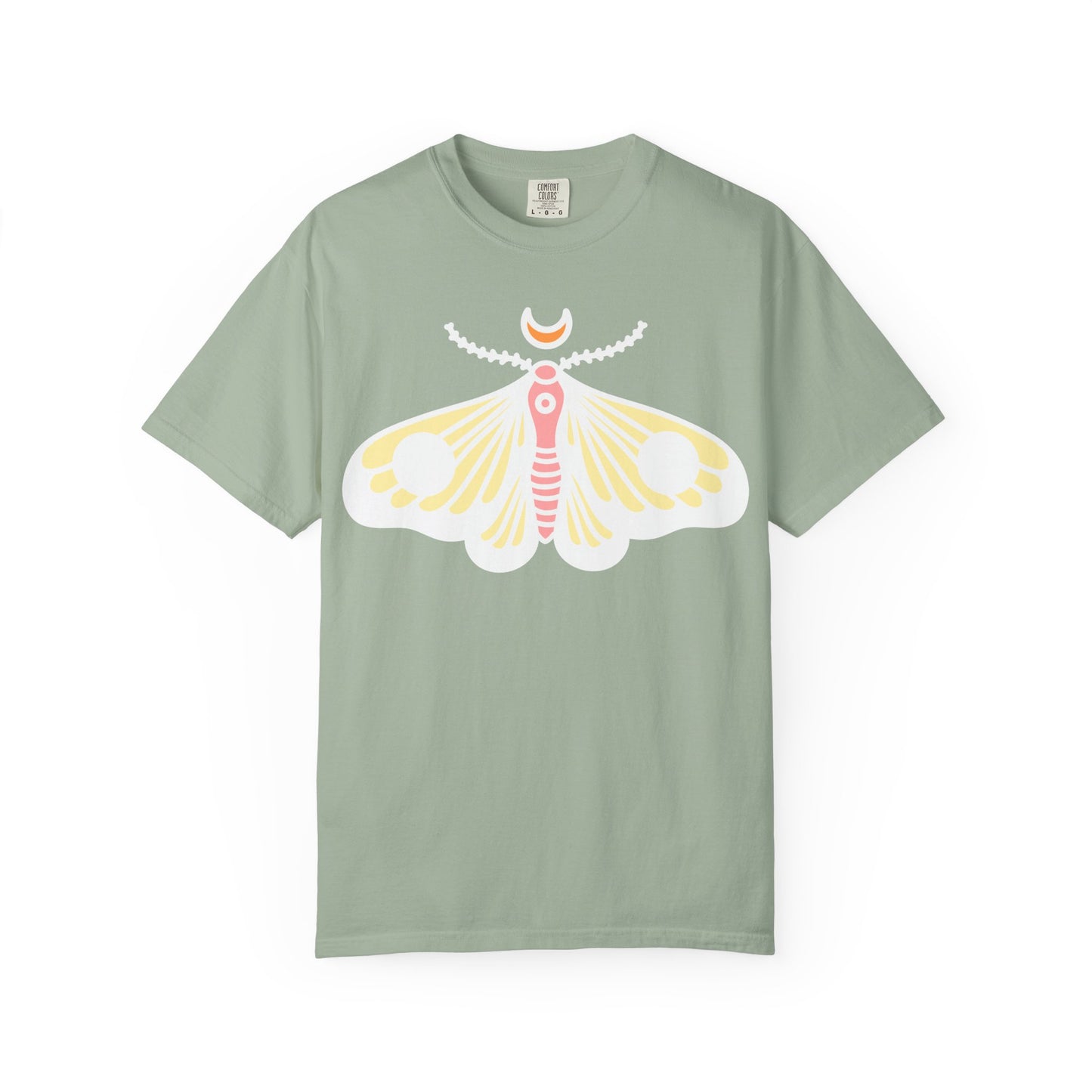Celestial Moth T-shirt | Pink Yellow Moth with Crescent Moon