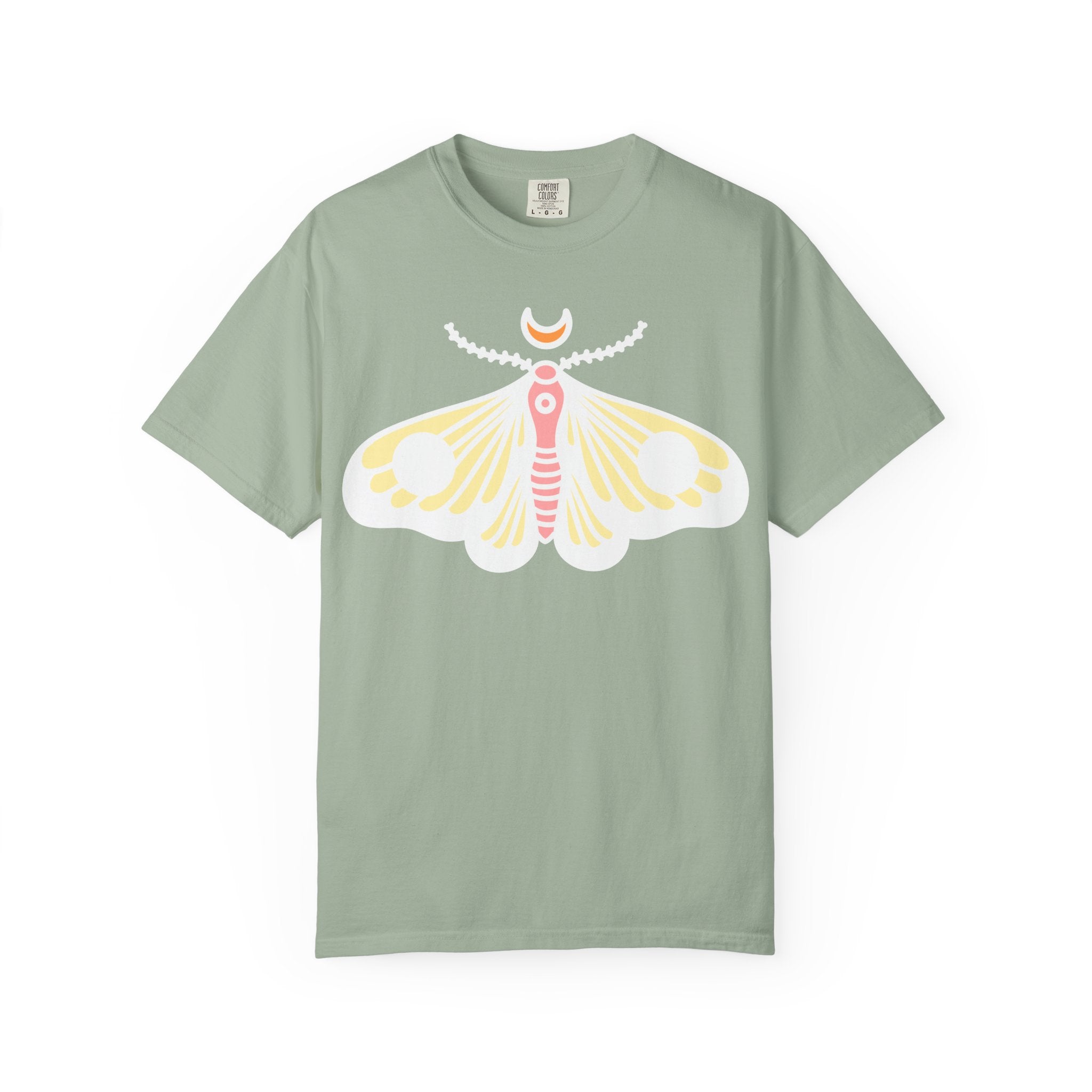 Celestial Moth T-shirt | Pink Yellow Moth with Crescent Moon