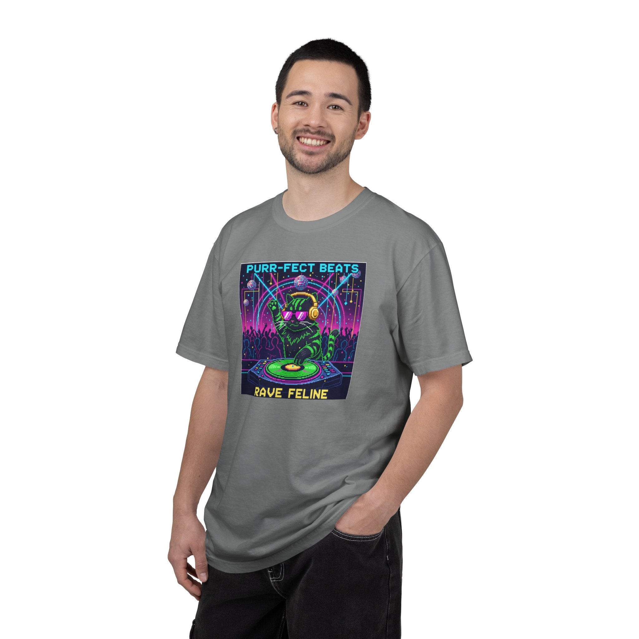 Purr-fect Beats Rave Feline DJ cat T-shirt | Neon EDM club design