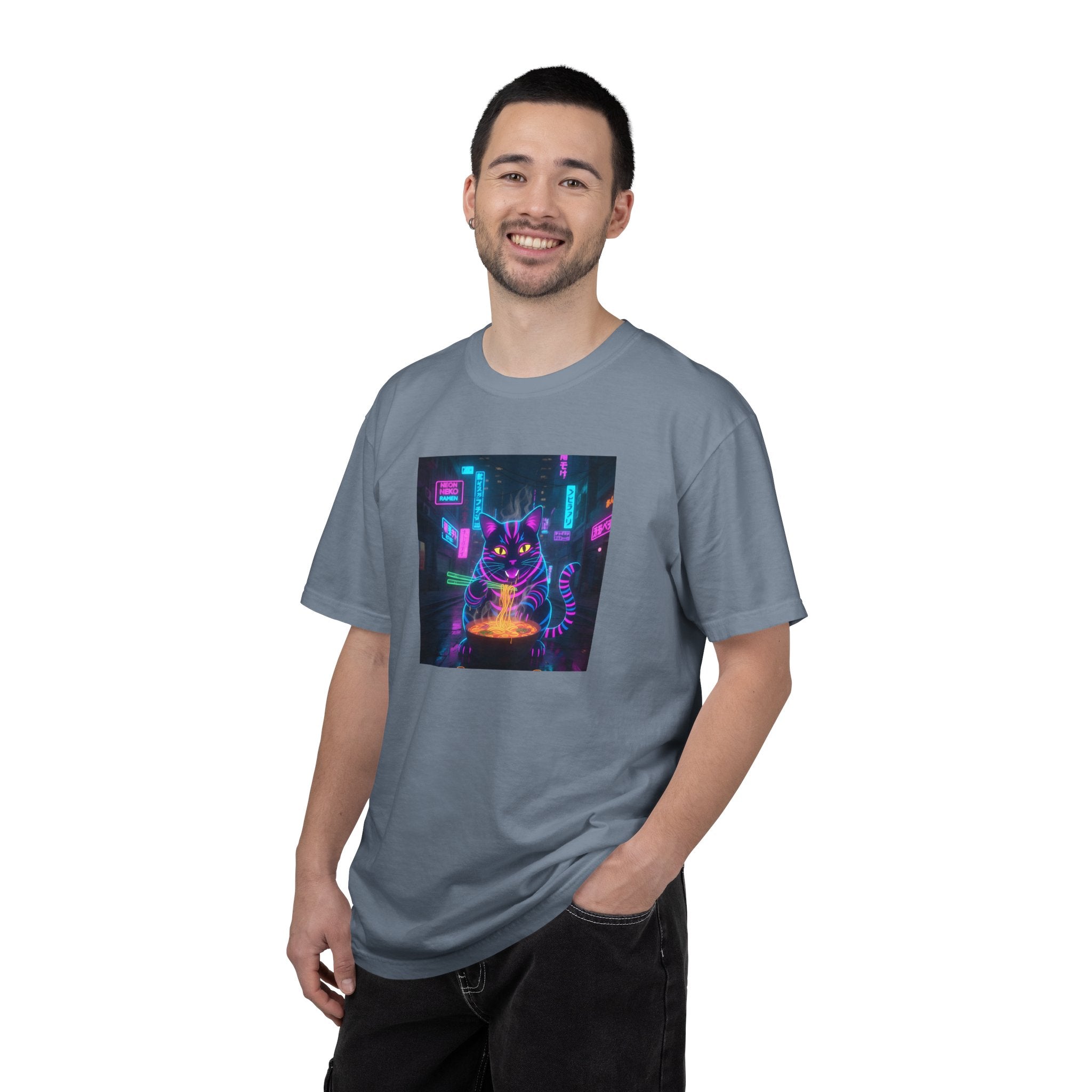 Neon Cyberpunk Cat Mystic Bowl T-shirt | Retro Futuristic Alley Art