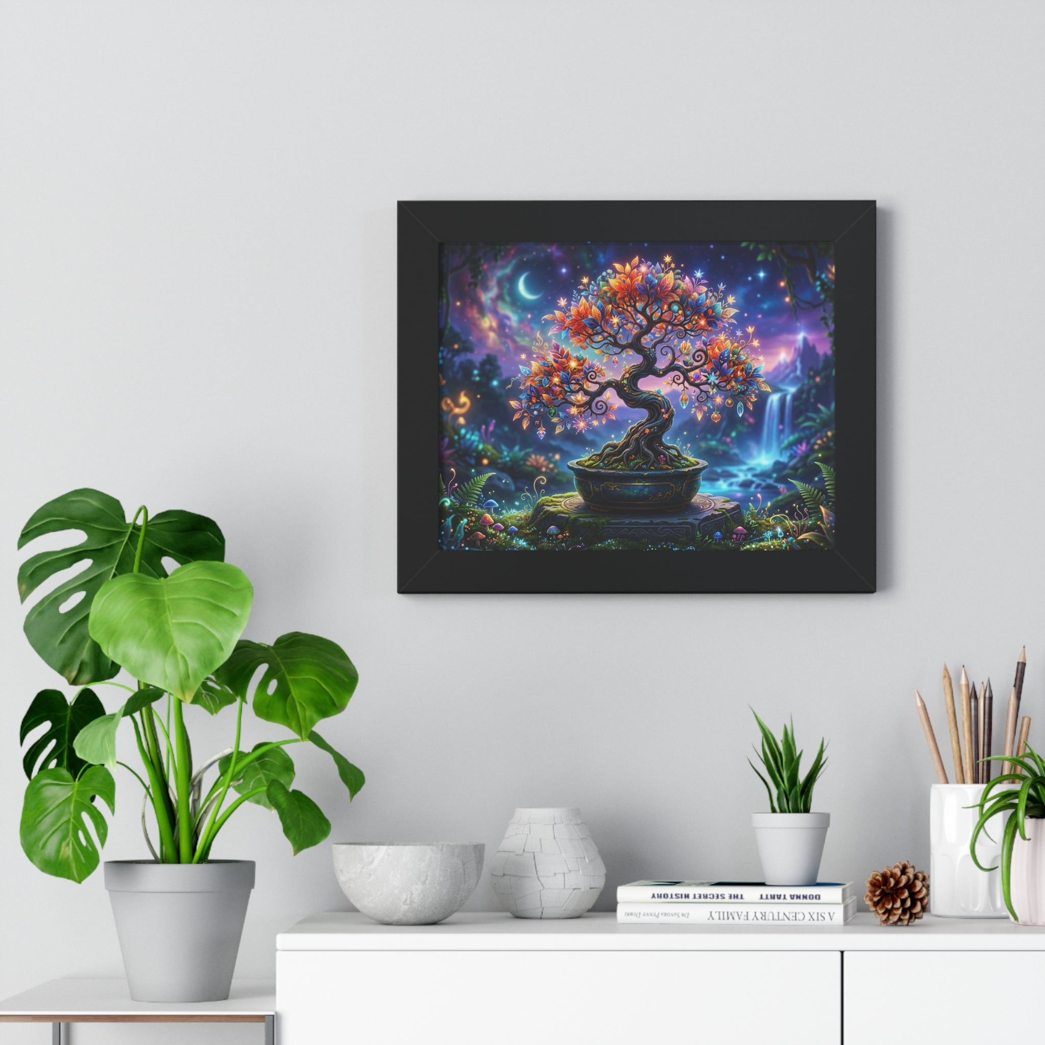 Celestial Magical Bonsai Tree Art Print, Fantasy Galaxy Tree of Life Wall Decor, Glowing Zen Garden Poster, Whimsical Mythical Landscape Art