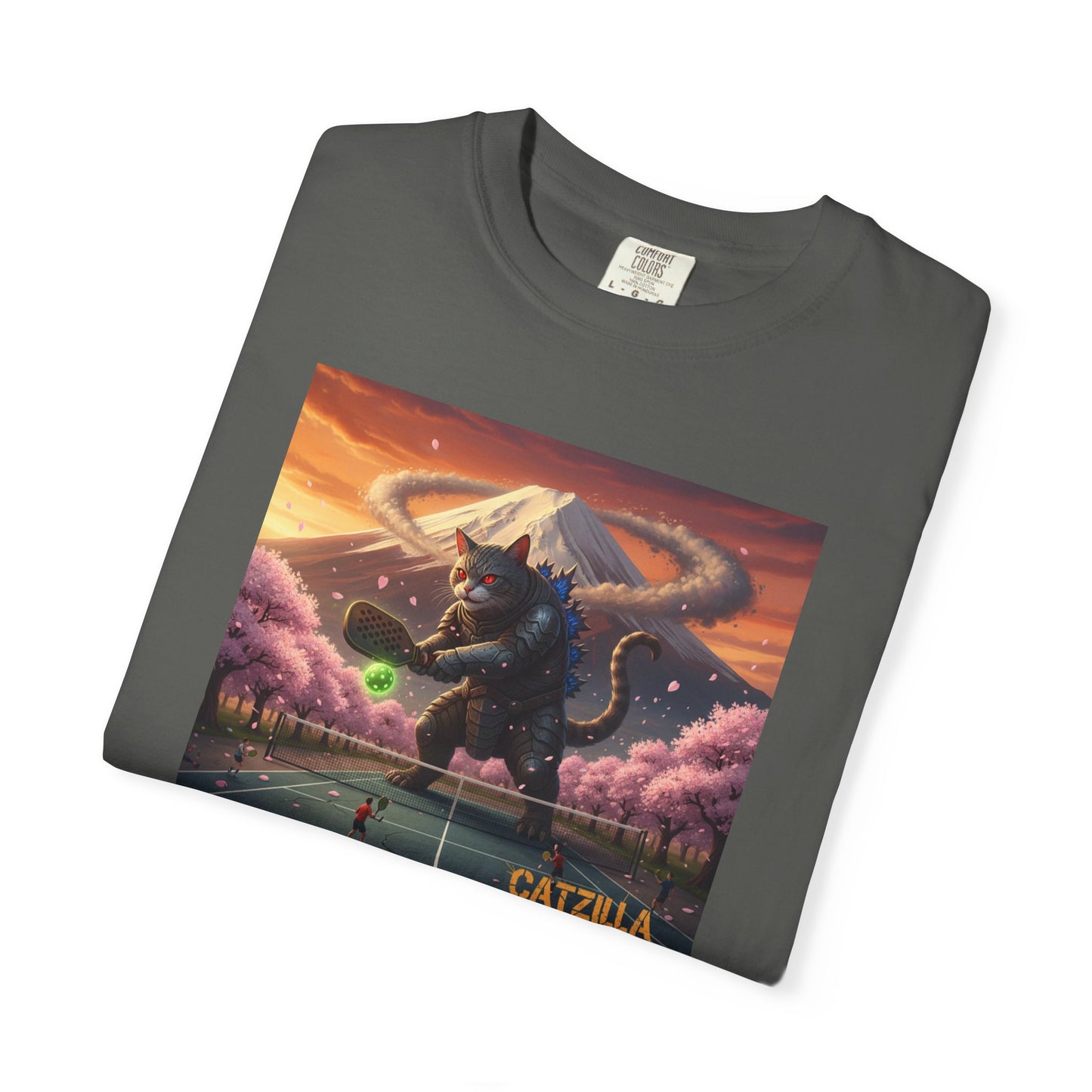 Catzilla Pickleball Destroyer T-shirt | Kaiju Cat Samurai, Mount Fuji Cherry Blossoms