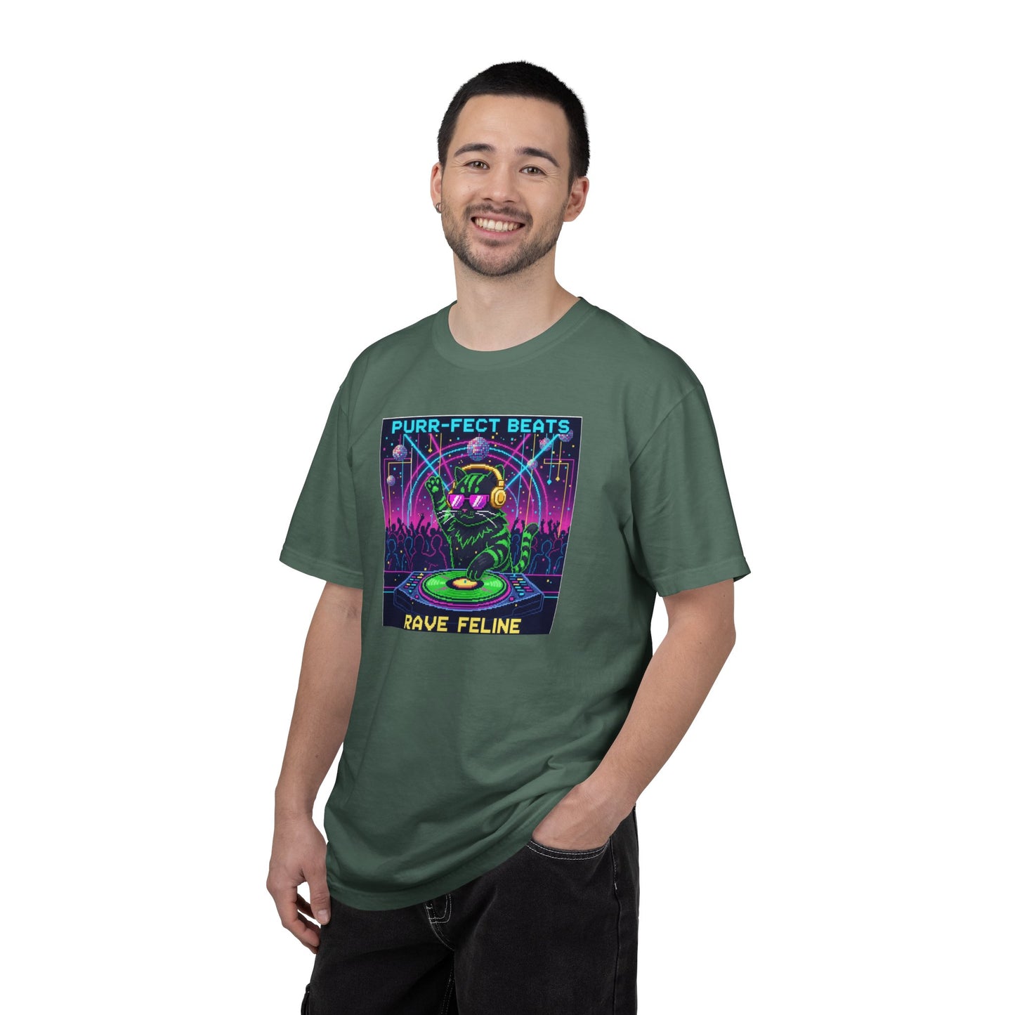 Purr-fect Beats Rave Feline DJ cat T-shirt | Neon EDM club design