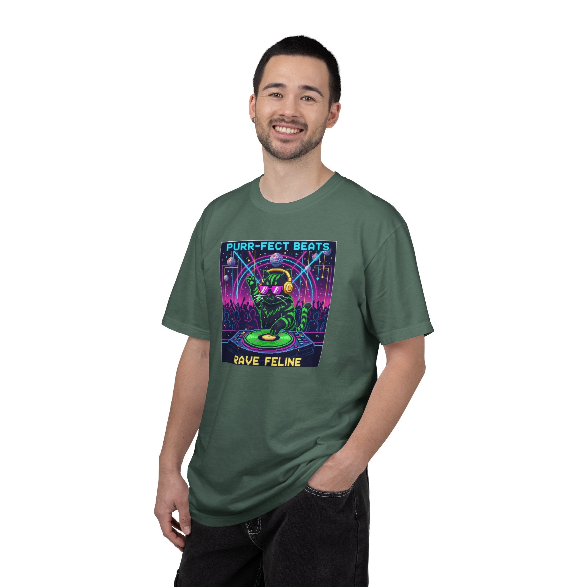 Purr-fect Beats Rave Feline DJ cat T-shirt | Neon EDM club design
