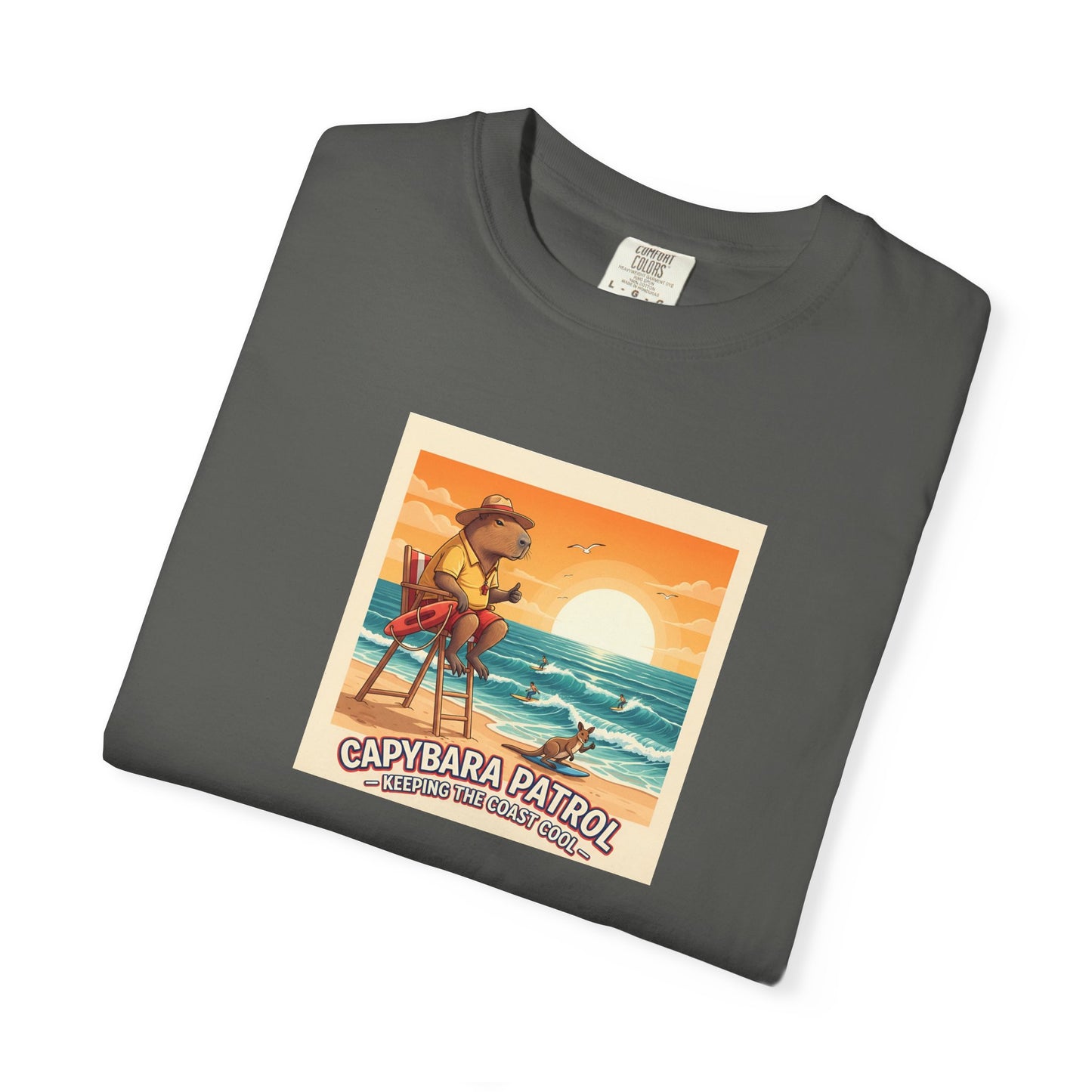 Capybara Patrol Sunset Surfing Capybara T-Shirt | Retro Beach Vibes