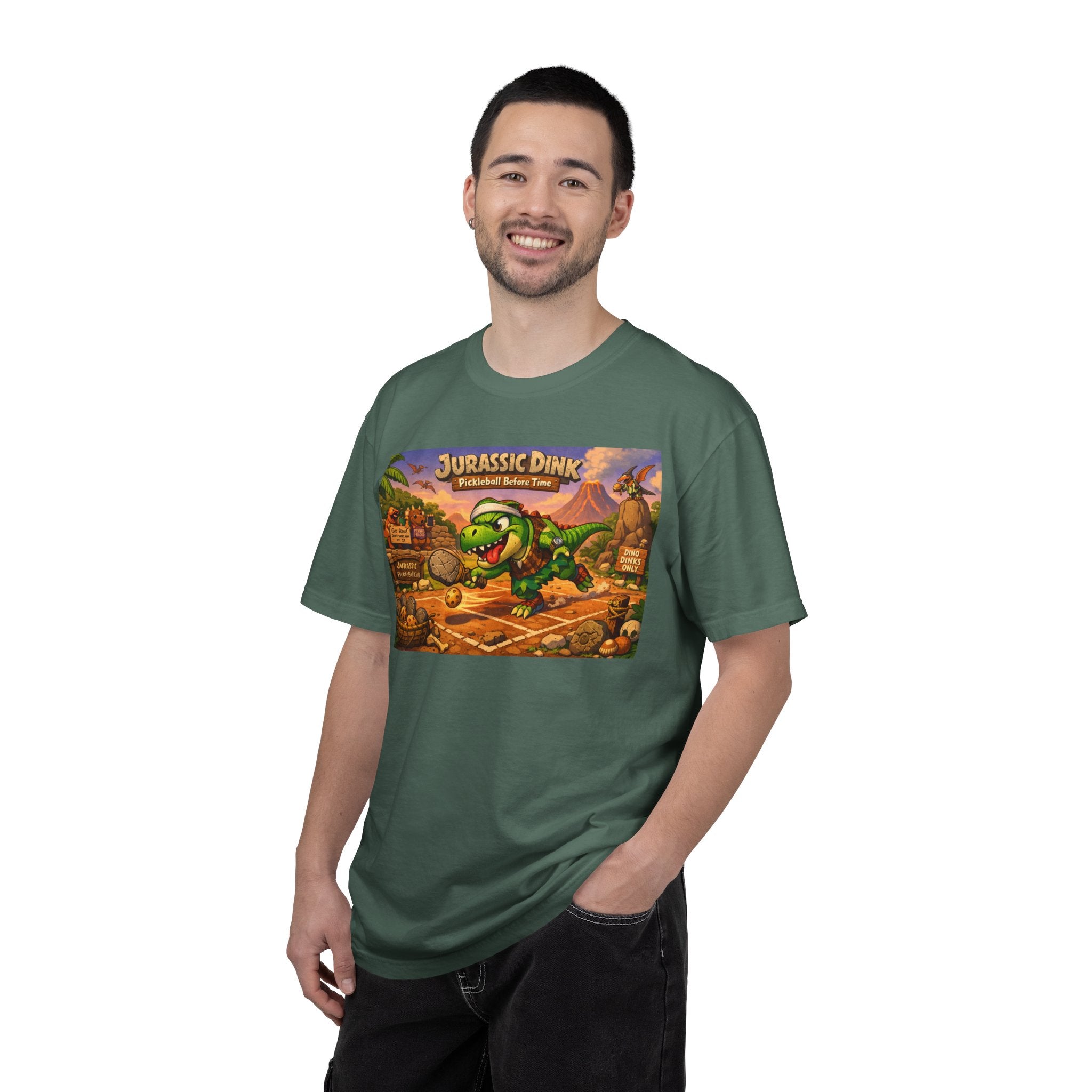 Jurassic Dink Pickleball Dinosaur Arcade Poster T-Shirt | Retro Video Game Shirt