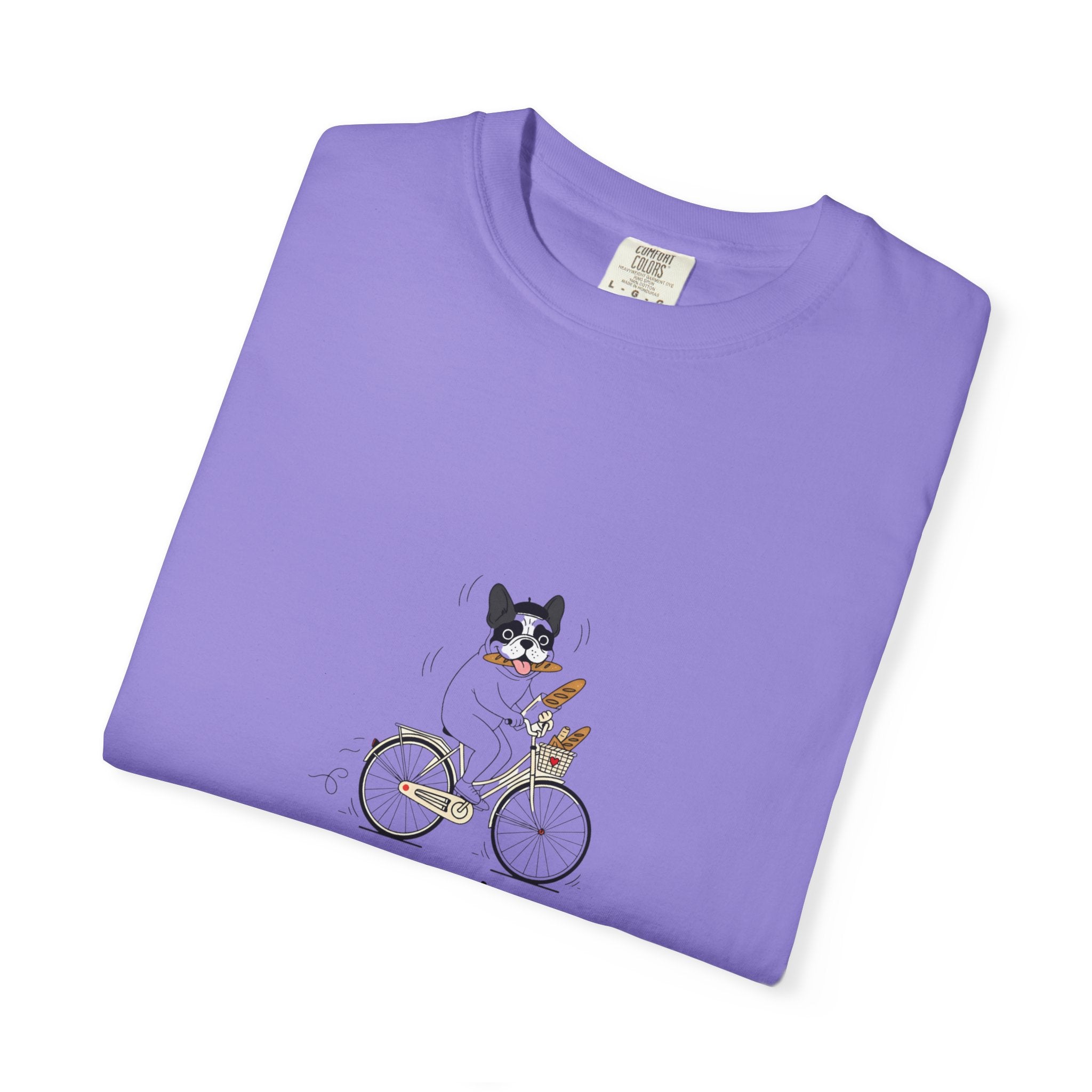 French Bulldog on Bicycle T-shirt | Cute Dog Illustration, 'Oui!' Text