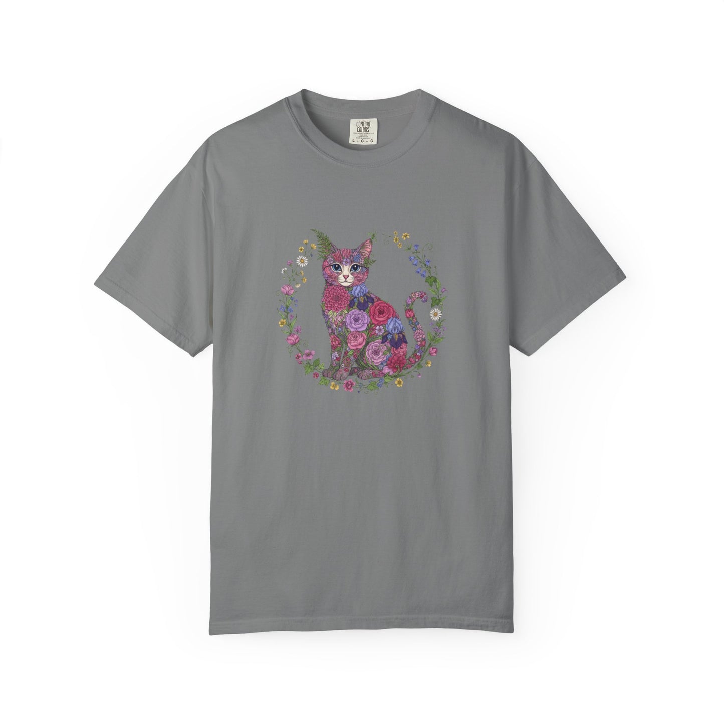 Floral Cat Illustration T-shirt | Botanical Kitty Circle Print