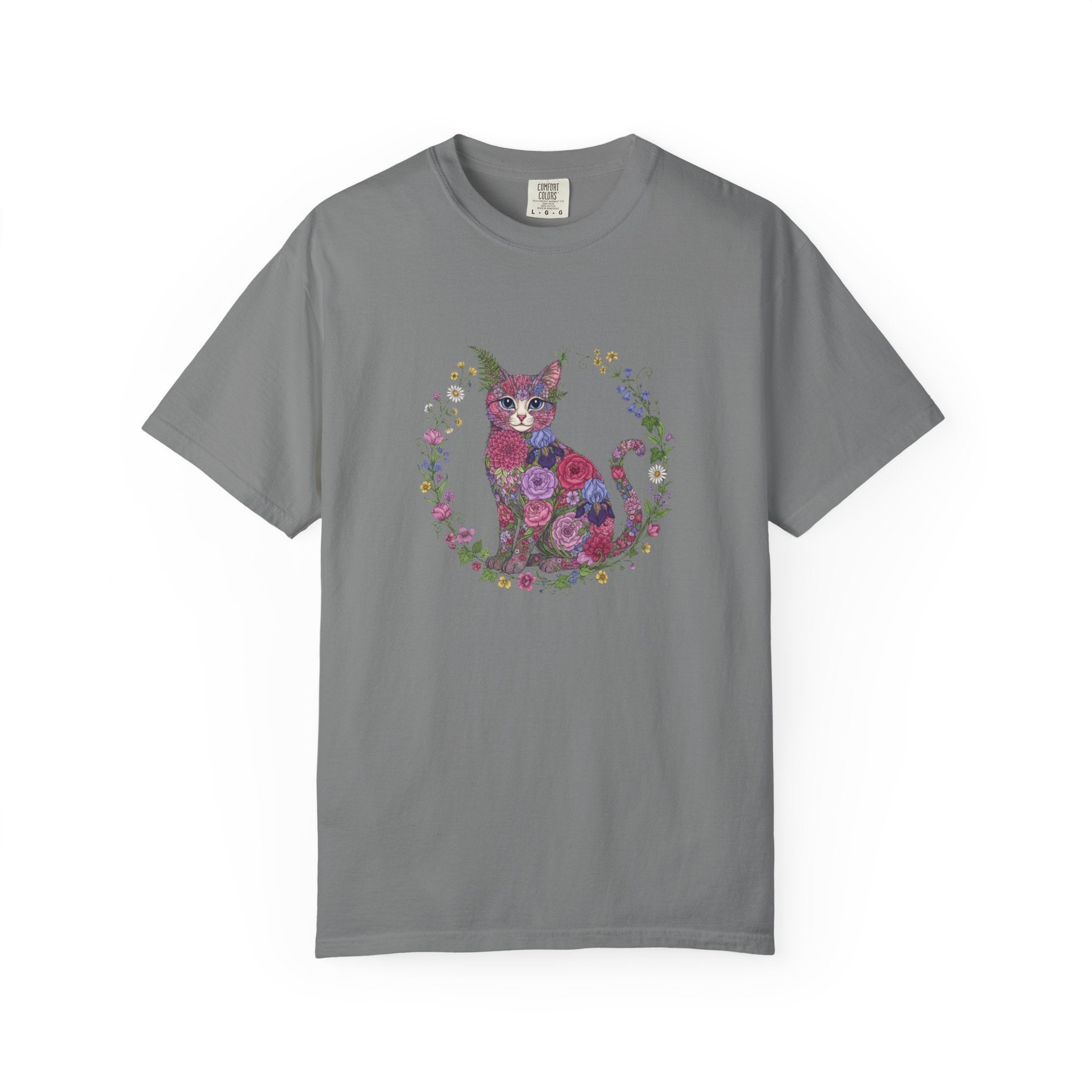 Floral Cat Illustration T-shirt | Botanical Kitty Circle Print