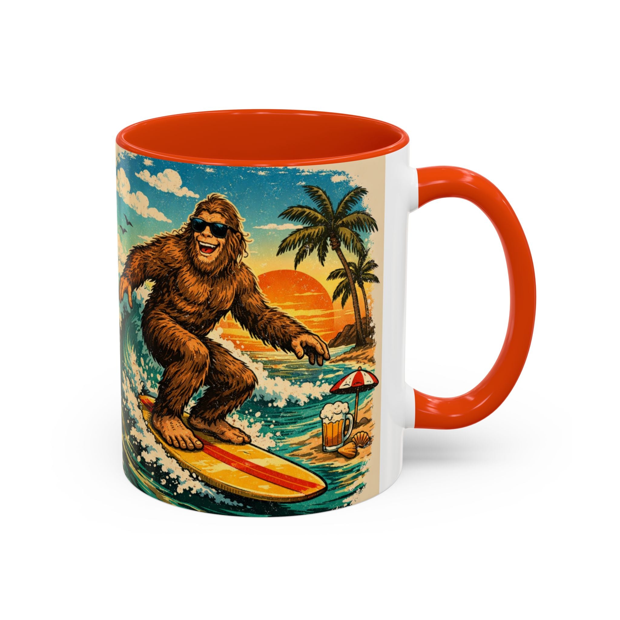 Surfing Bigfoot Mug | Retro Beach Sunset Bigfoot Wave Coffee Cup